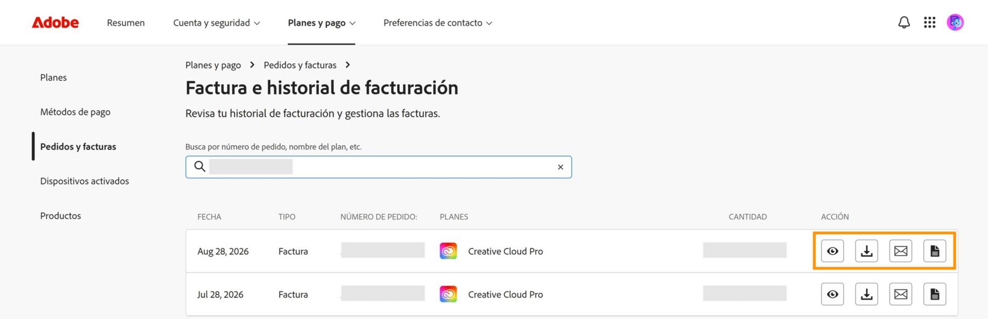 La ventana Historial de facturas y facturación, donde se resaltan los iconos de ver, descargar y enviar por correo electrónico, disponibles en Acción.