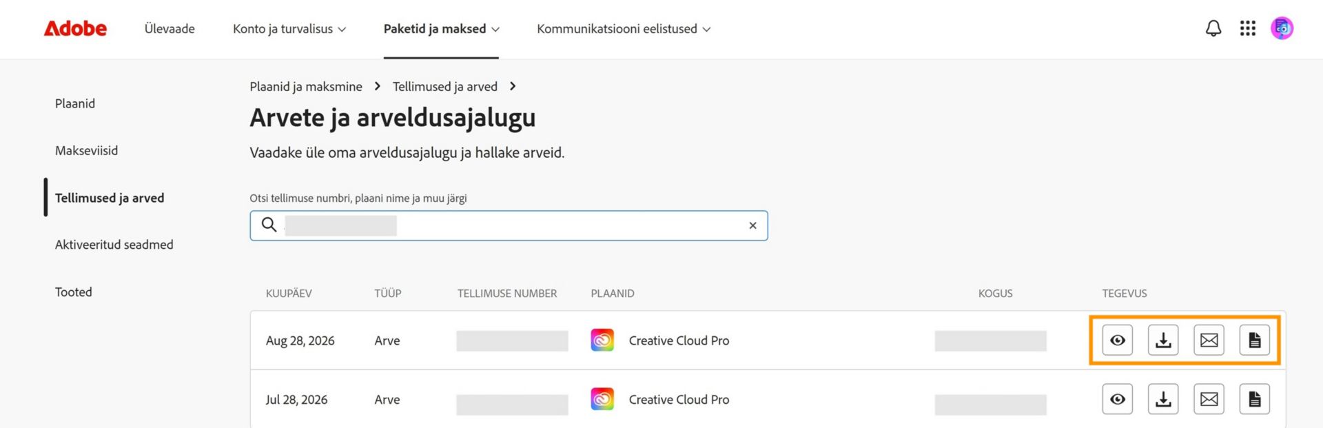 Arve- ja arveldusajaloo aken, kus on esiletõstetud vaatamise, allalaadimise, e-postiga saatmise ja kviitungi vaatamise ikoonid, mis on saadaval jaotises Tegevus.