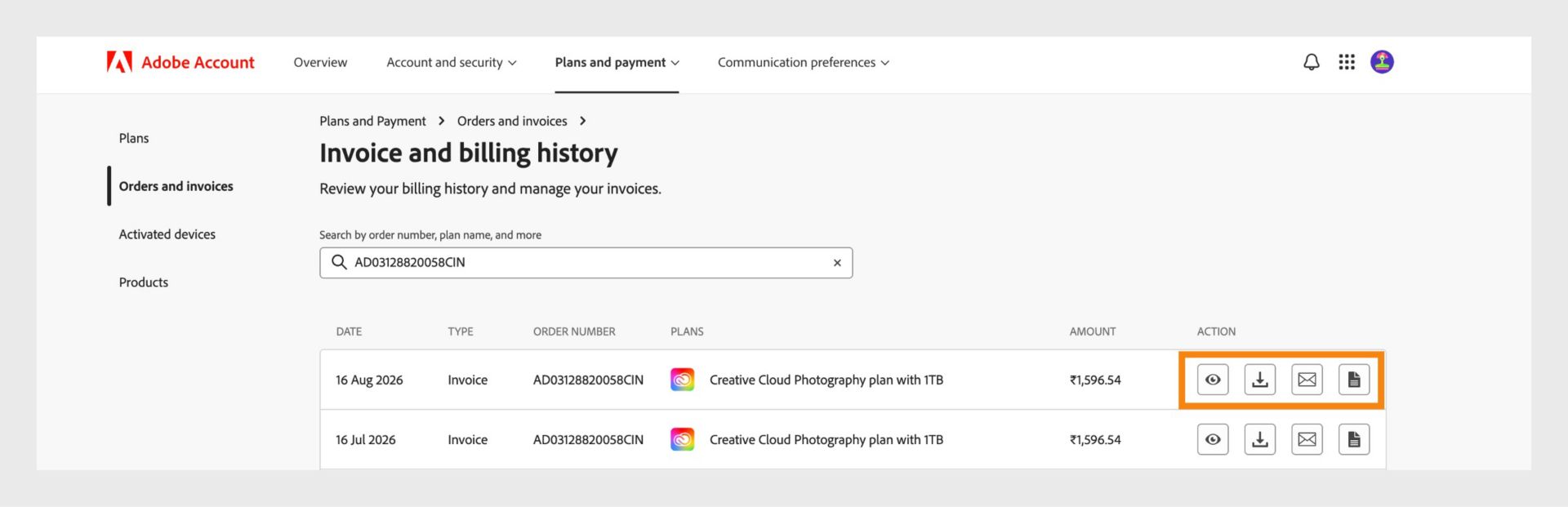 The Invoice and billing history window, where the view, download, email, and view icons, available under Action, are highlighted.
