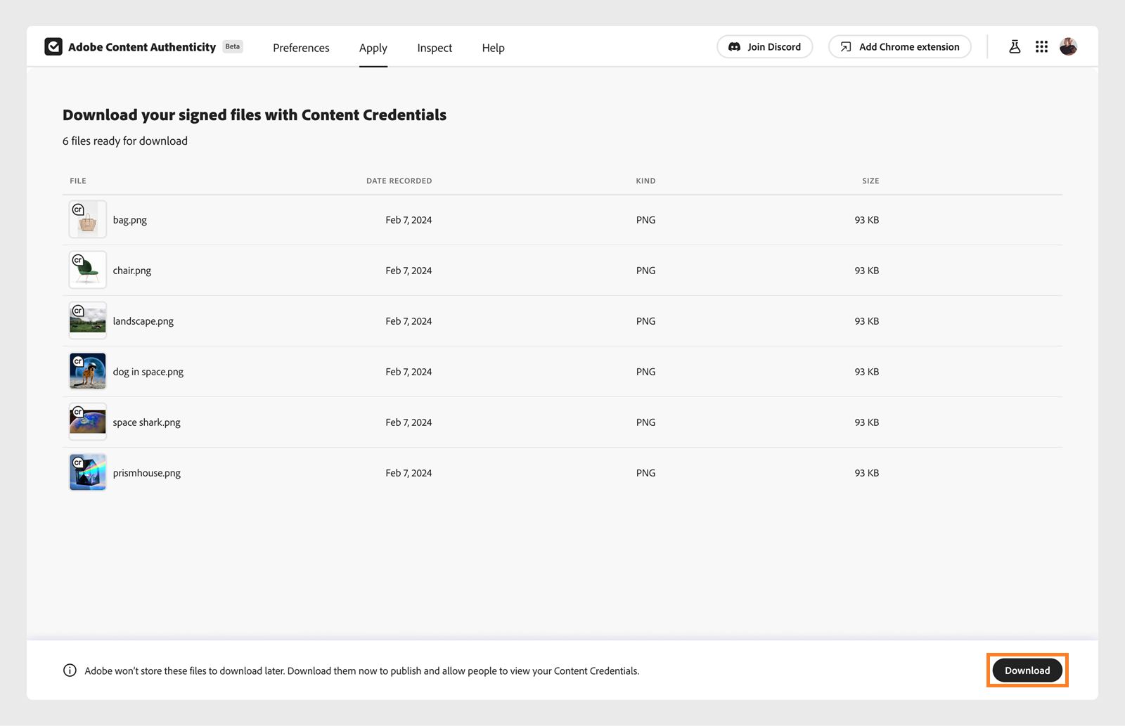 Ekrāna apakšējā labajā stūrī izmantojiet melno lejupielādes pogu, lai lejupielādētu visus failus ar lietotajiem Content Credentials datiem. 