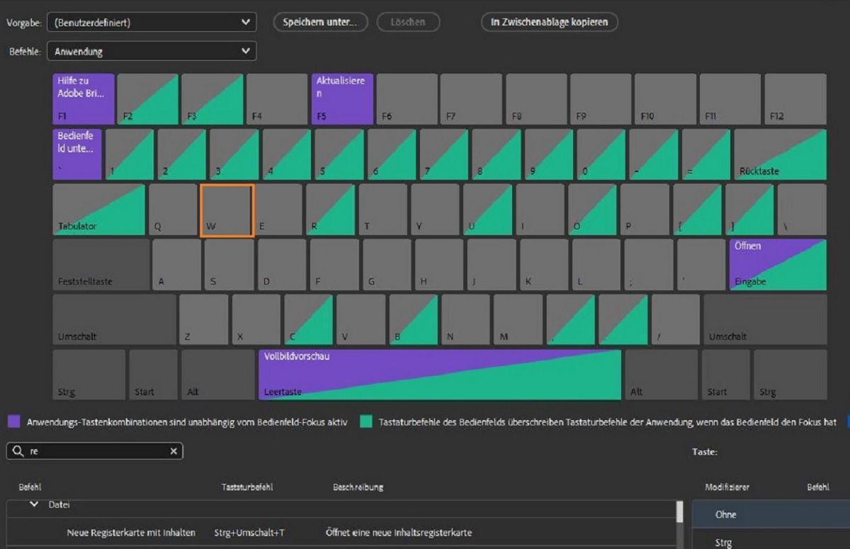 Ziehe die gewünschte Taste in die Spalte „Tastaturbefehl“, um den Tastaturbefehl festzulegen.