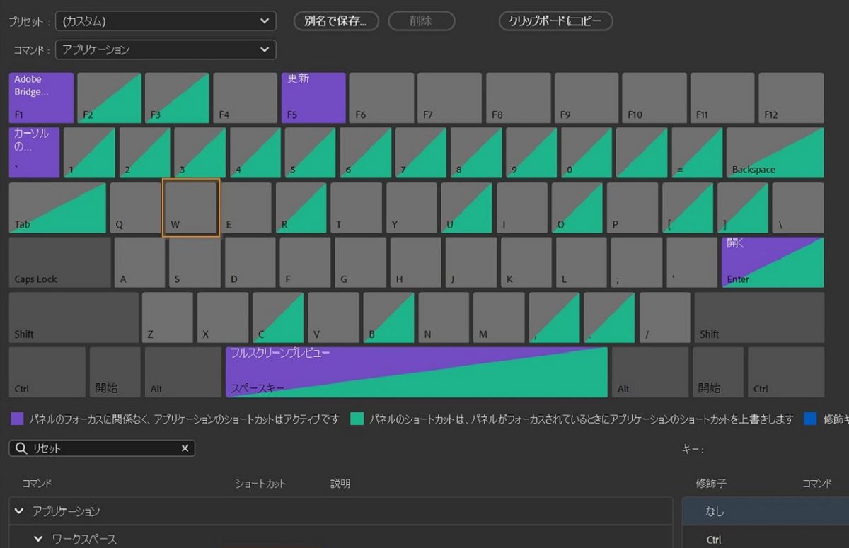 ショートカットを設定するために、目的のキーを「ショートカット」列にドラッグします。