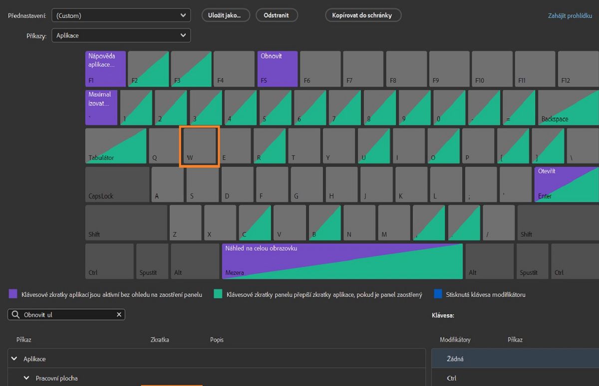 Přetáhněte požadovanou klávesu do sloupce Zkratka pro nastavení zkratky.