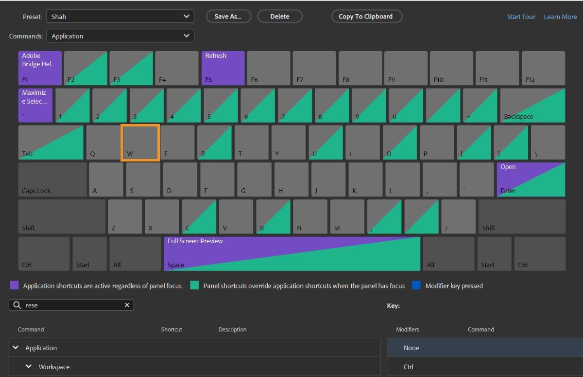 Drag the desired key to the Shortcut column for setting the shortcut.