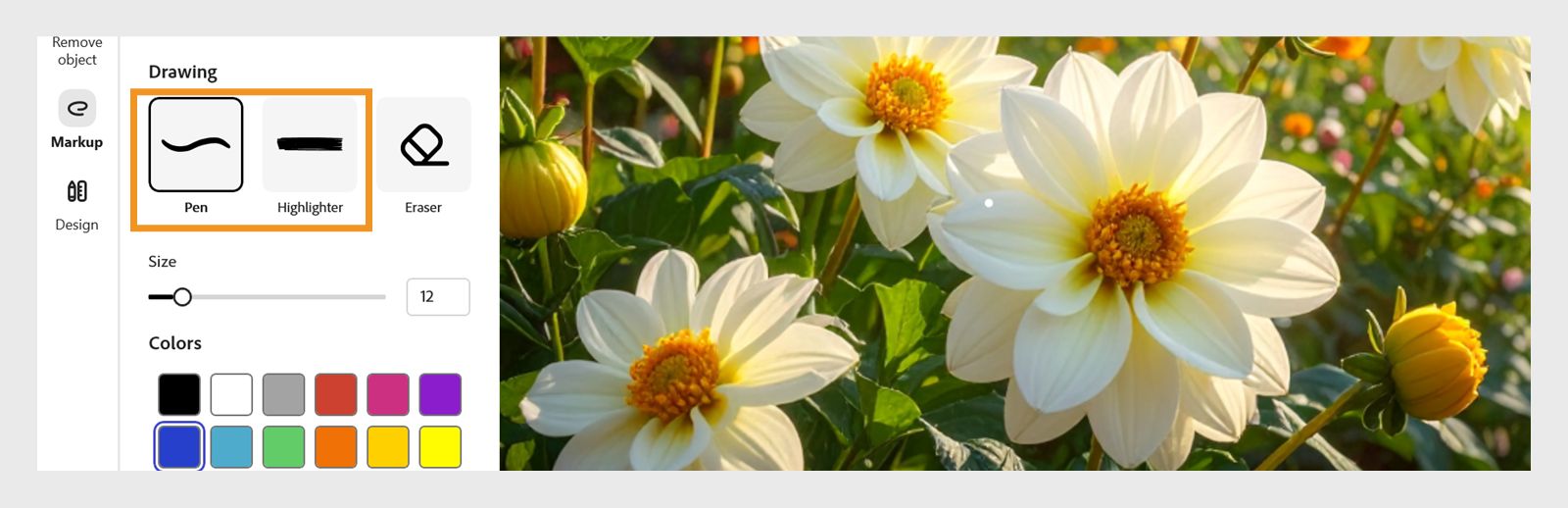 Uma interface de seleção de estilos de pincel com opções para Caneta e Realçador, juntamente com uma paleta de cores diferentes. O lado direito da imagem mostra a imagem a ser modificada. 