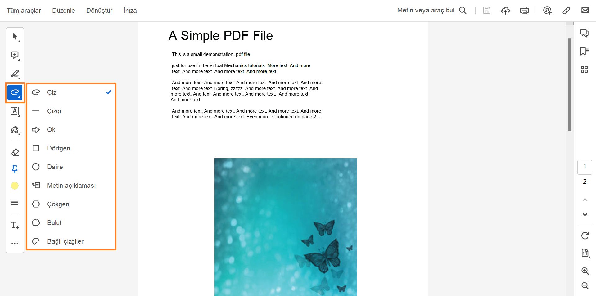 Acrobat'ta çizim araçları menüsü