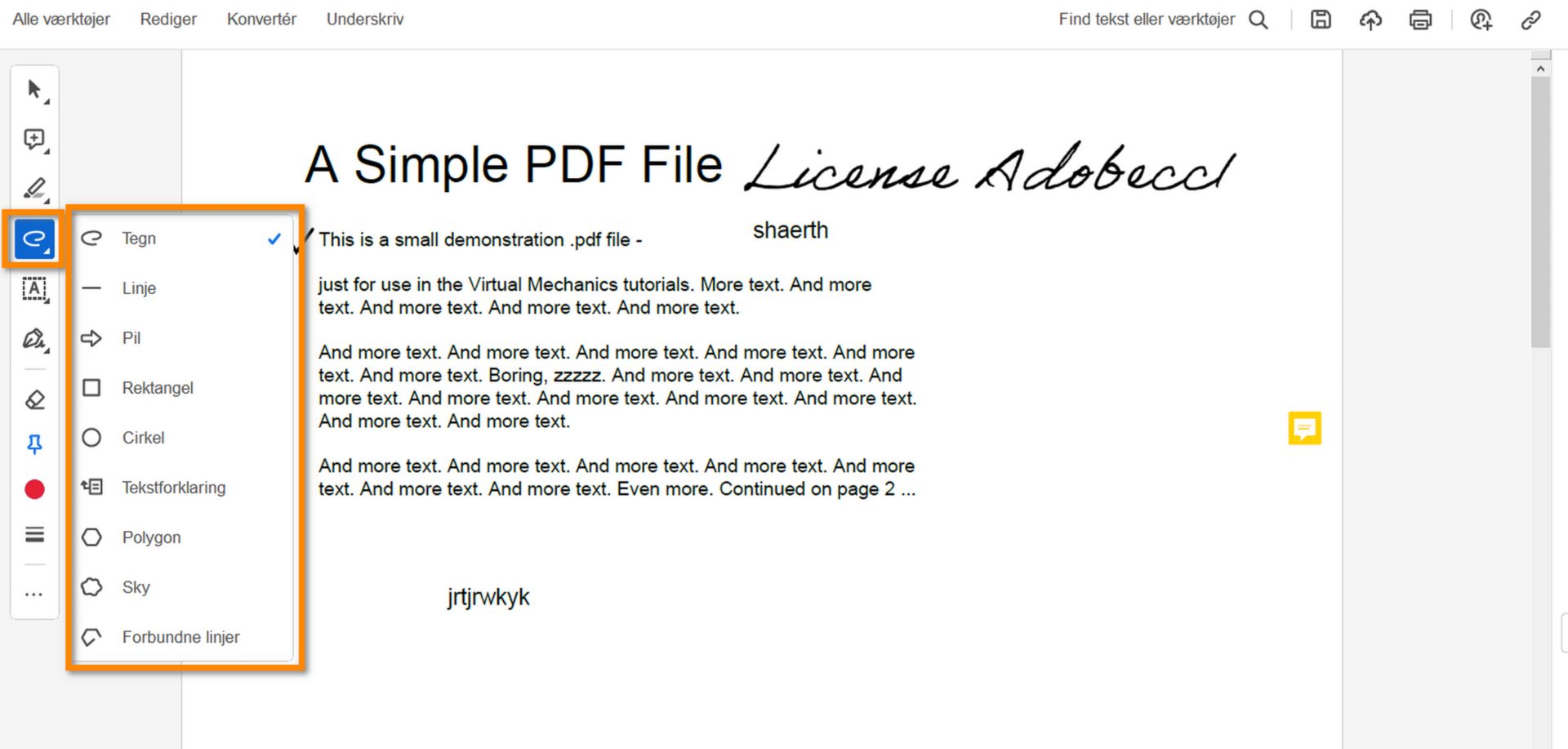 Menuen Tegneværktøjer i Acrobat