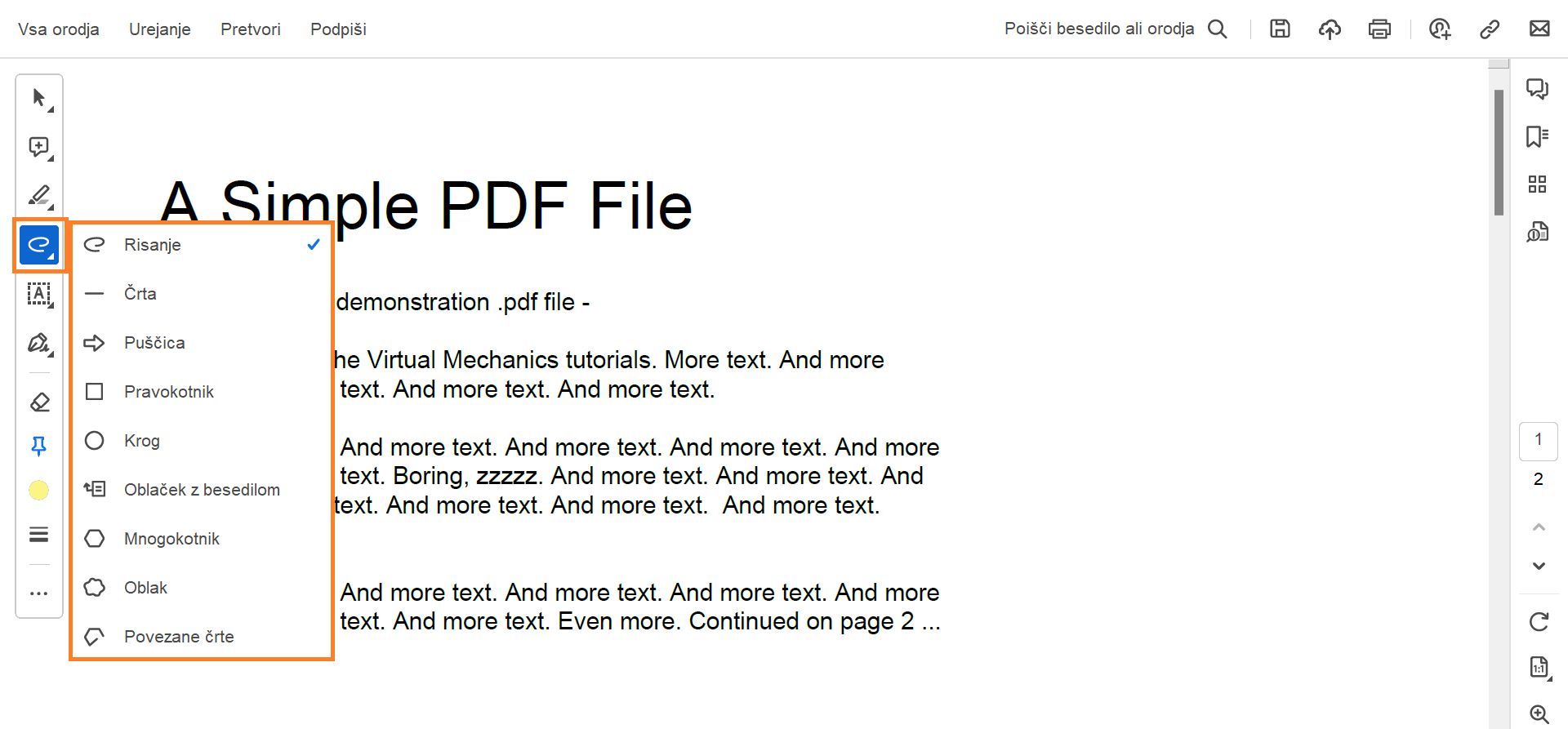 Meni z orodji za risanje v Acrobatu