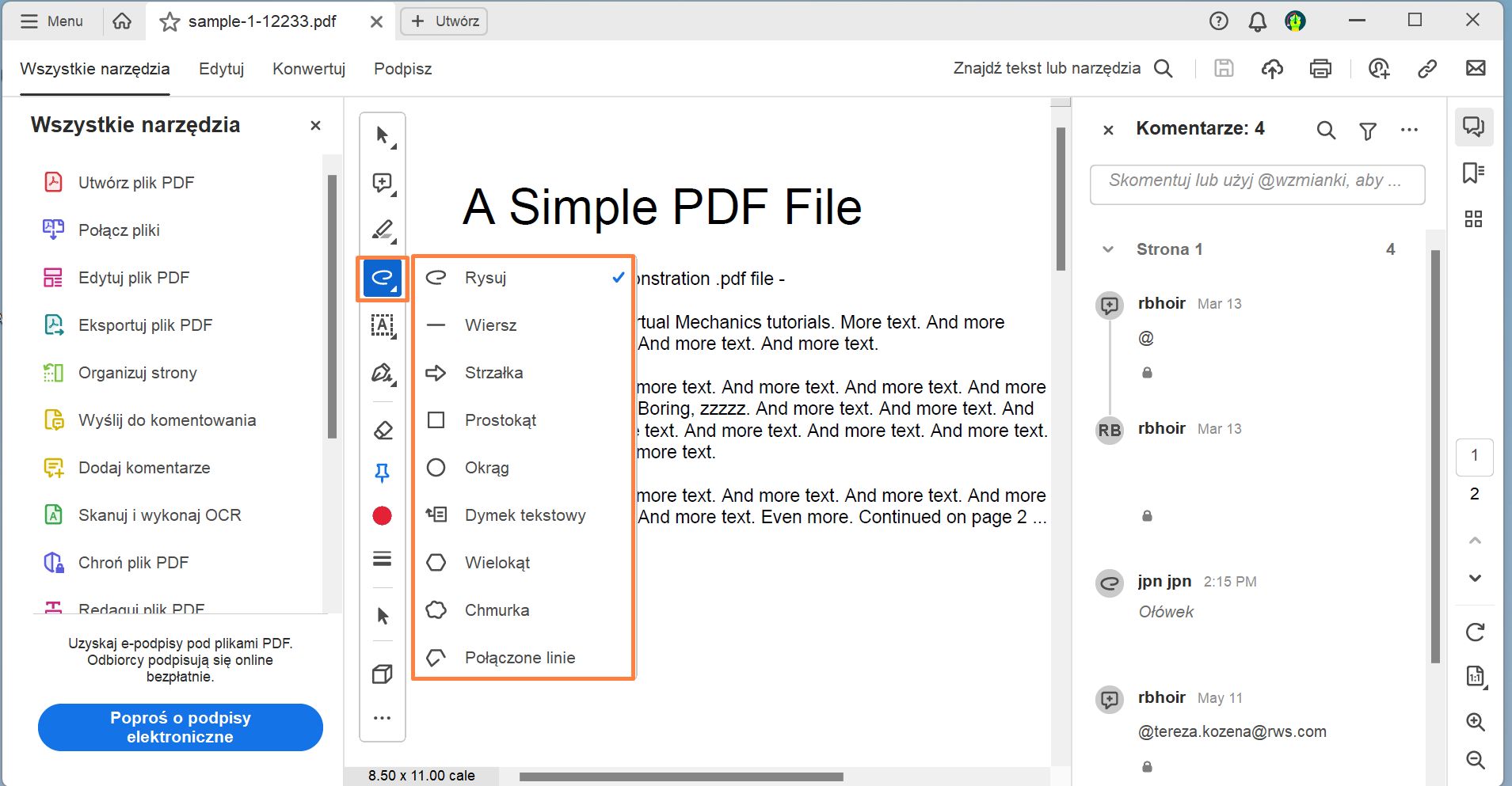 Narzędzia rysowania w programie Acrobat