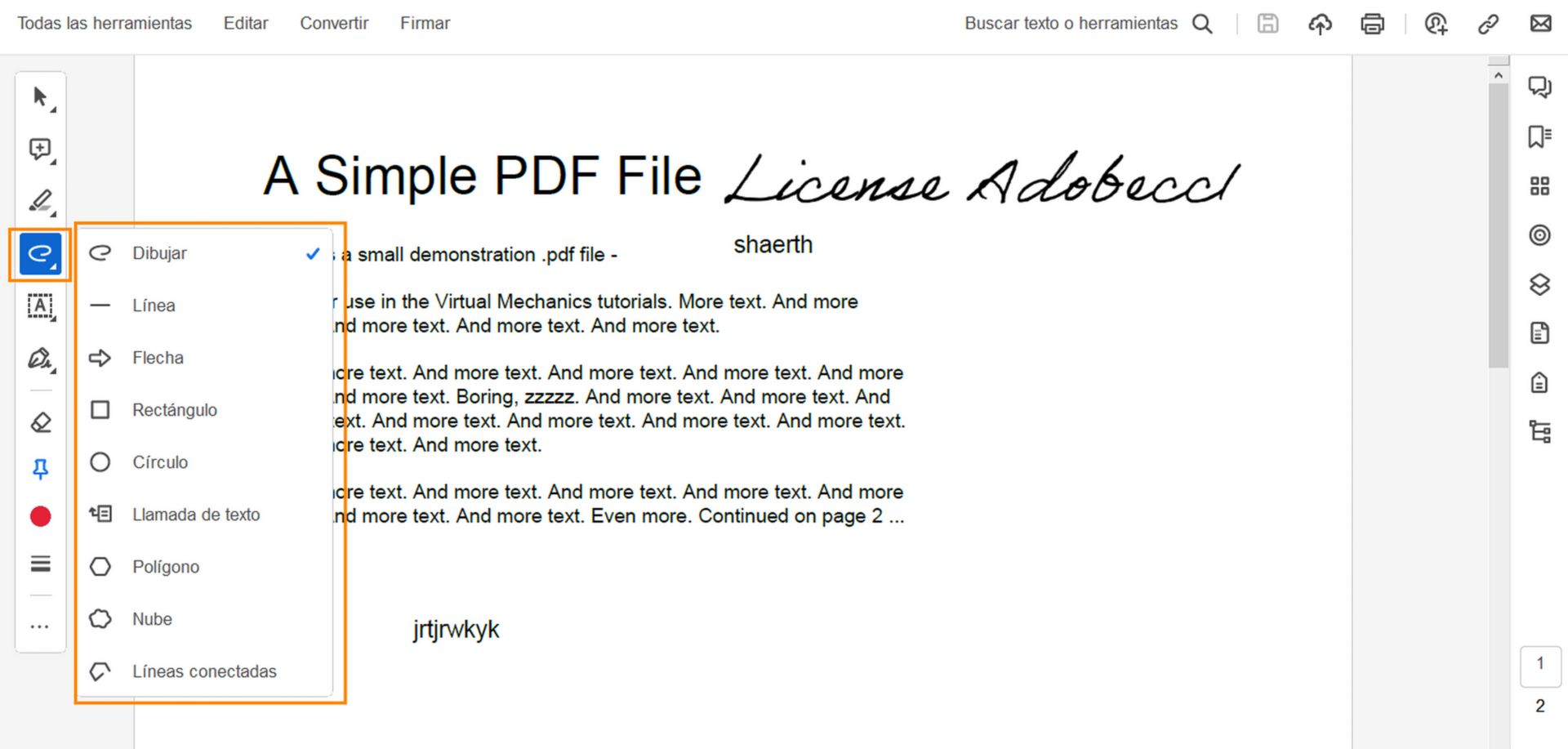 Menú de herramientas de dibujo en Acrobat