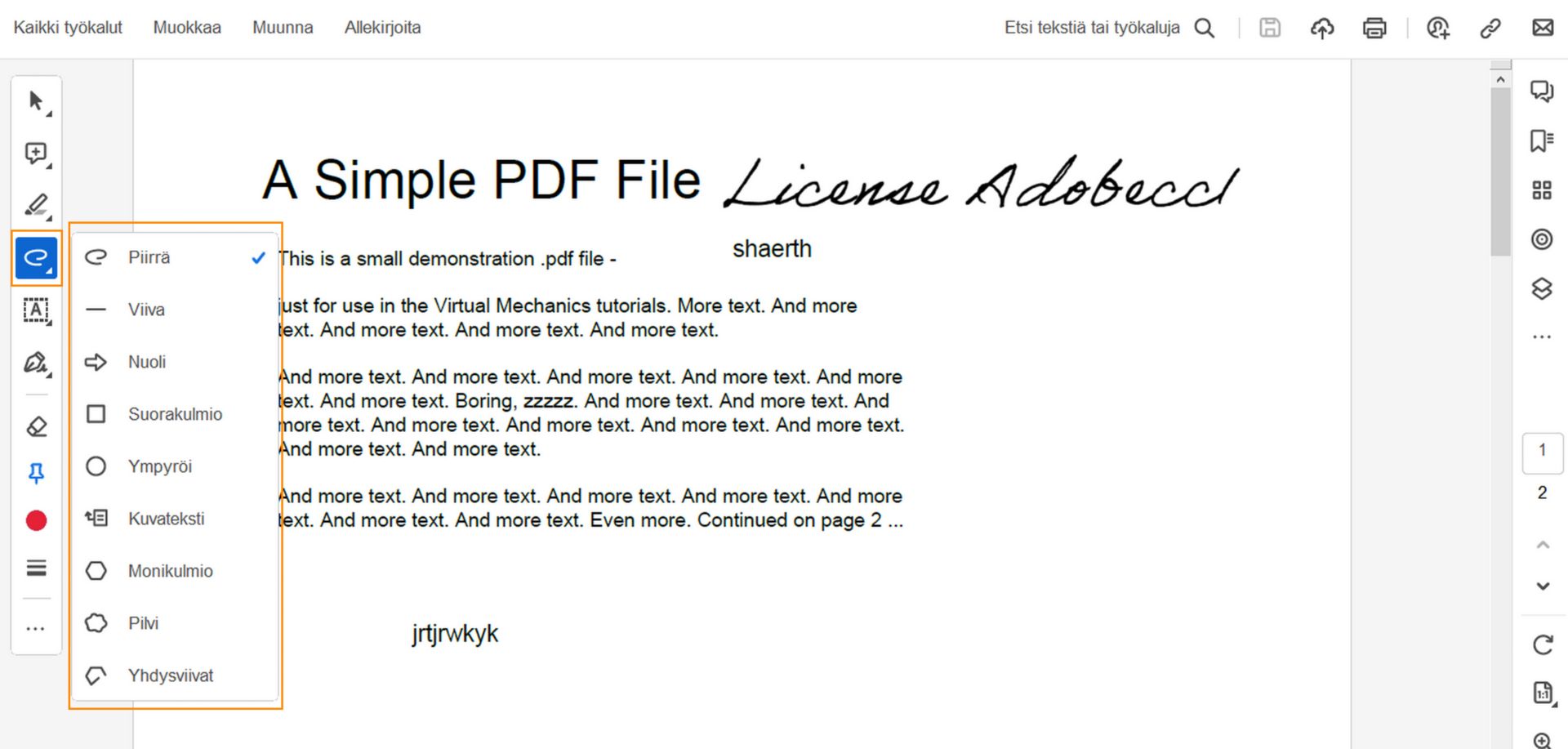 Acrobatin piirtotyökaluvalikko