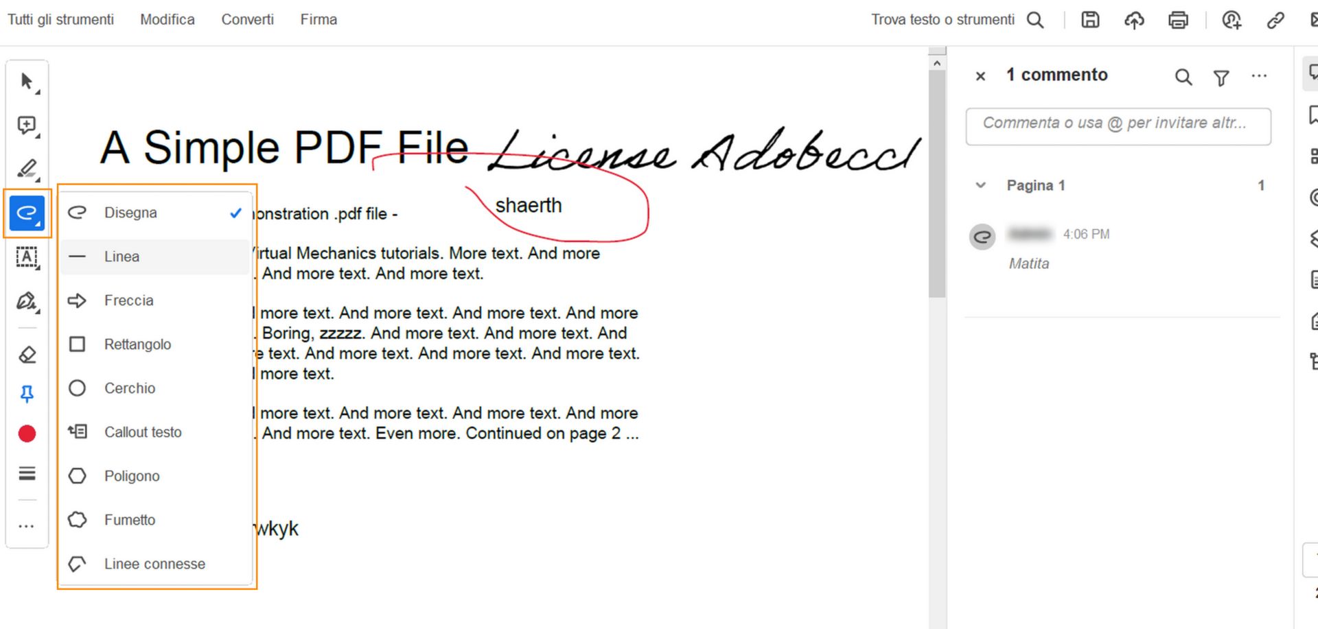 Menu Strumenti di disegno in Acrobat