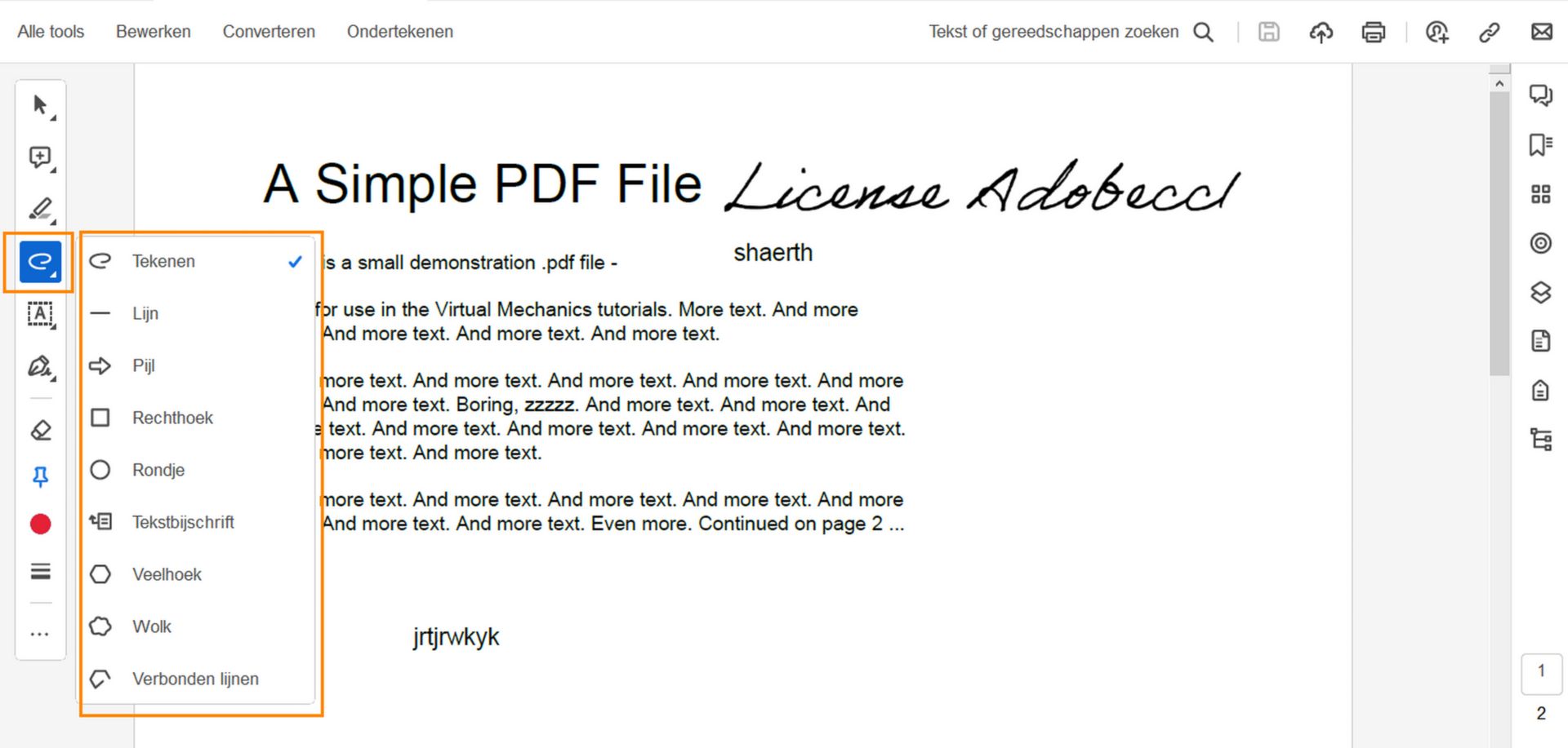 Menu Tekentools in Acrobat
