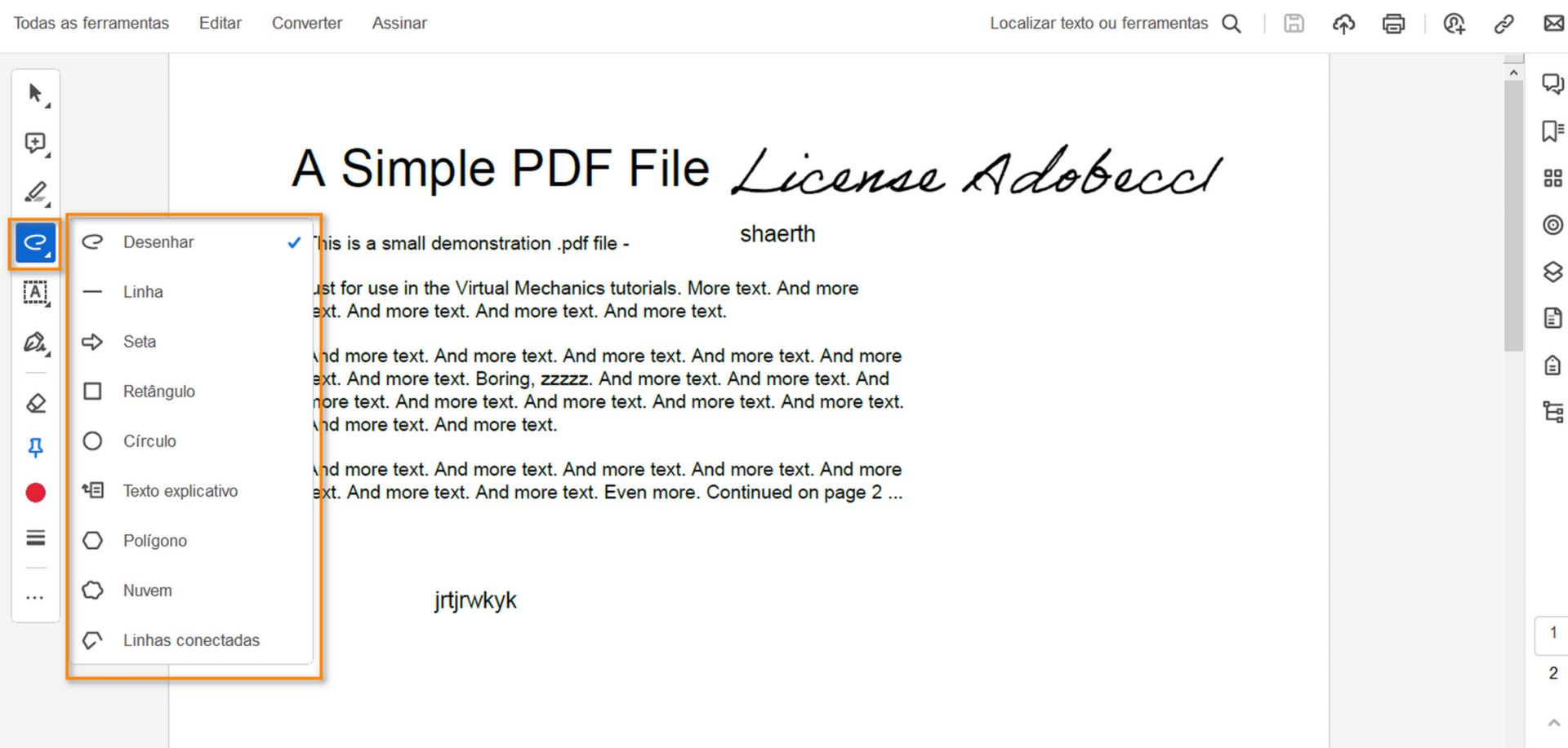 Menu de ferramentas de desenho no Acrobat