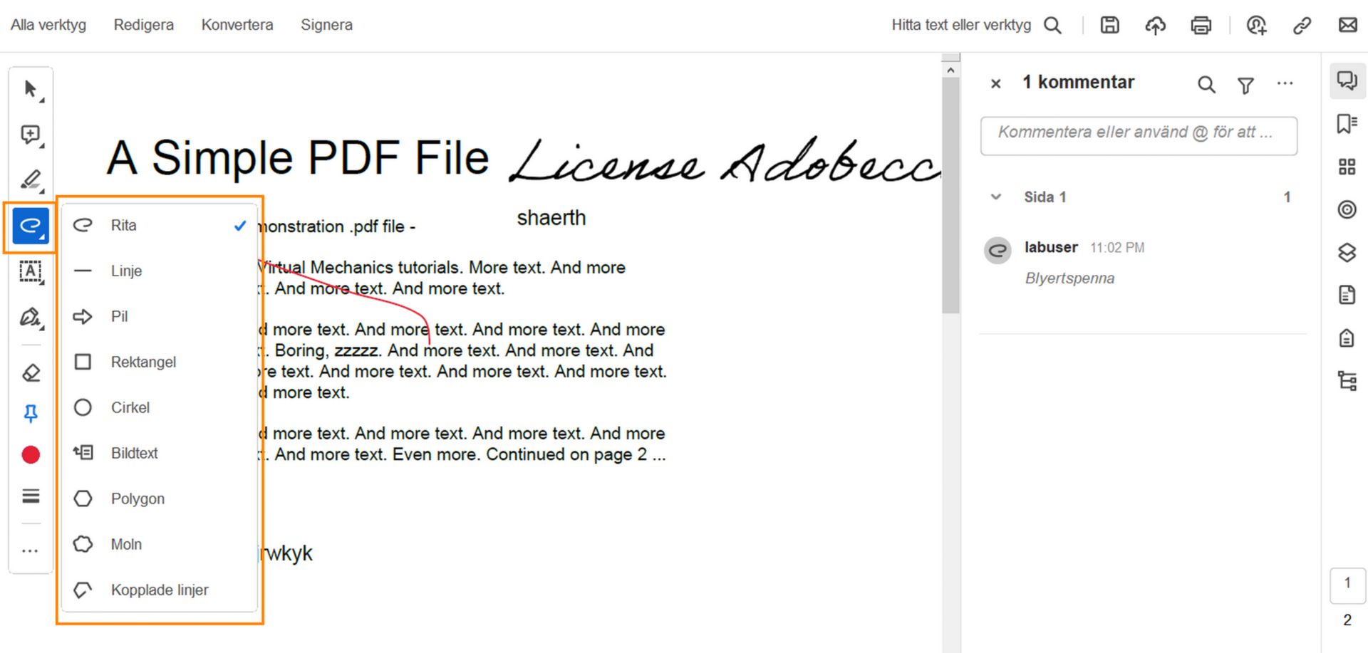 Menyn med ritverktyg i Acrobat