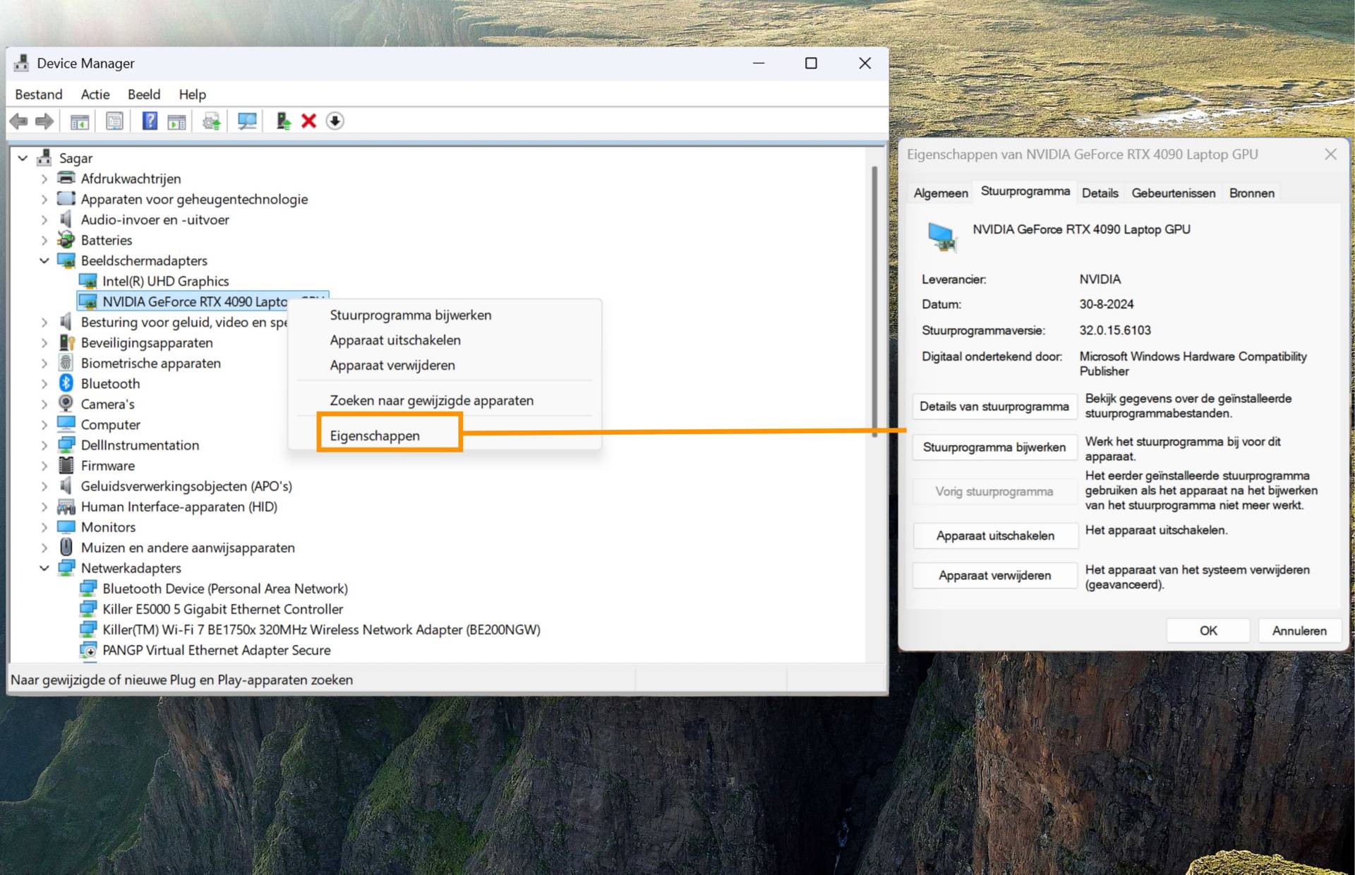 Er wordt een schermafbeelding met de beeldschermadapters en de optie voor eigenschappen gemarkeerd, waarbij de informatie over de geselecteerde GPU-kaart wordt weergegeven