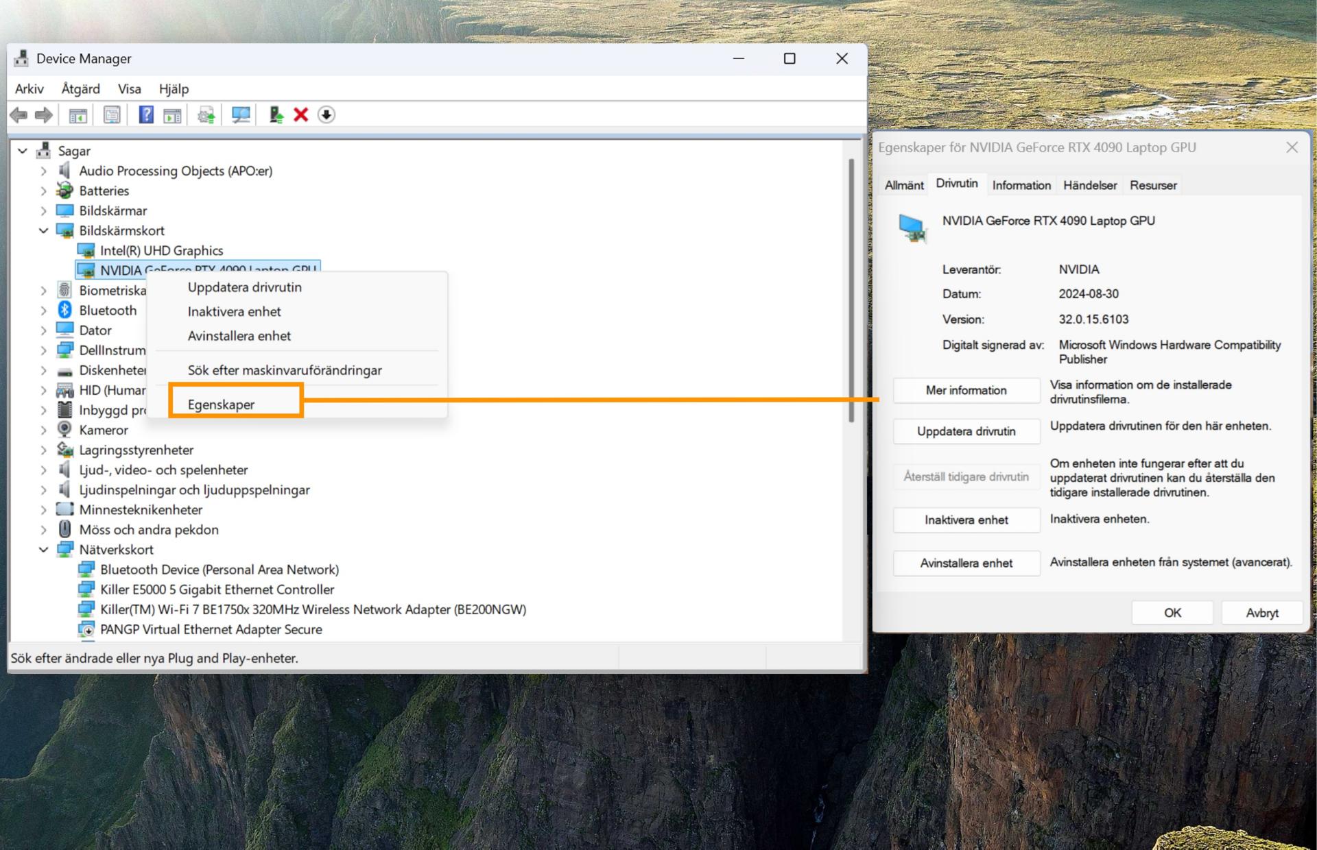 En bildskärm som visar bildskärmskorten och alternativet Egenskaper är markerat, vilket visar information om det valda GPU-kortet.