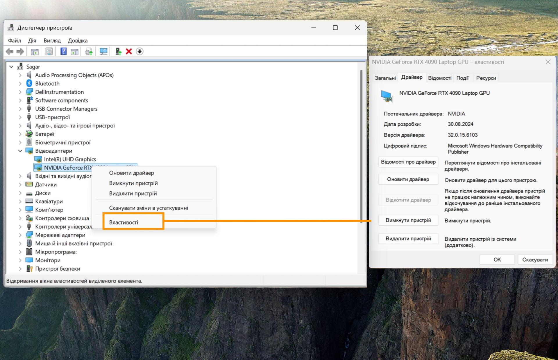 Знімок екрана, на якому показано відеоадаптери й виділено розділ «Властивості», що містить інформацію про вибрану відеокарту