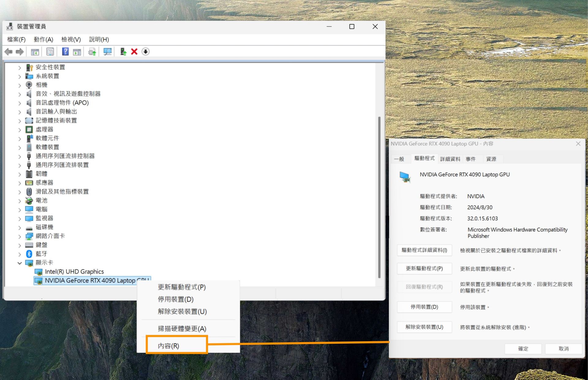 螢幕擷圖顯示顯示卡，並強調顯示內容選項，其中顯示已選取的 GPU 卡資訊