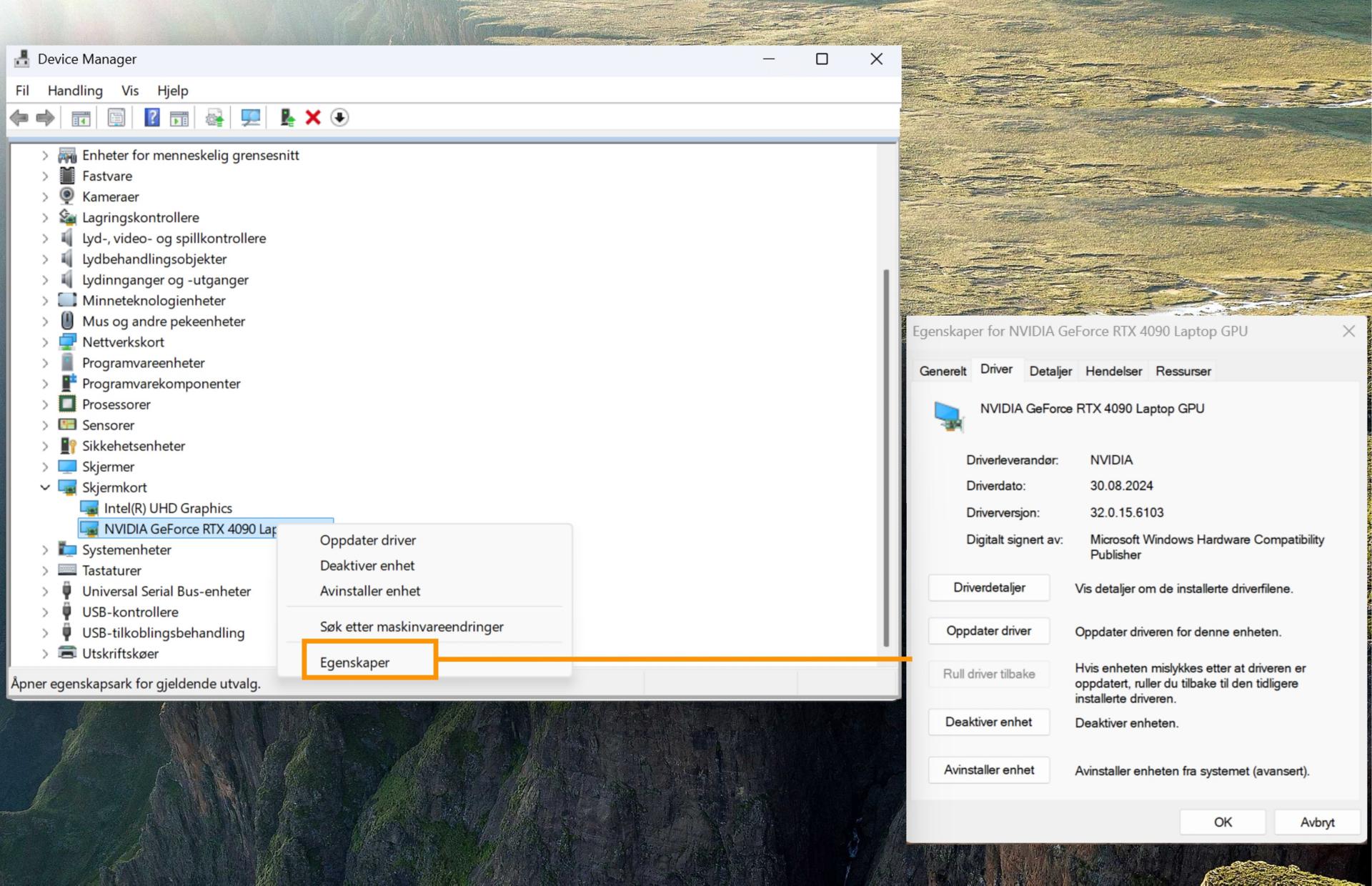 Et skjermbilde som viser skjermadapterne og egenskapsalternativet utheves, som viser informasjonen for det valgte GPU-kortet