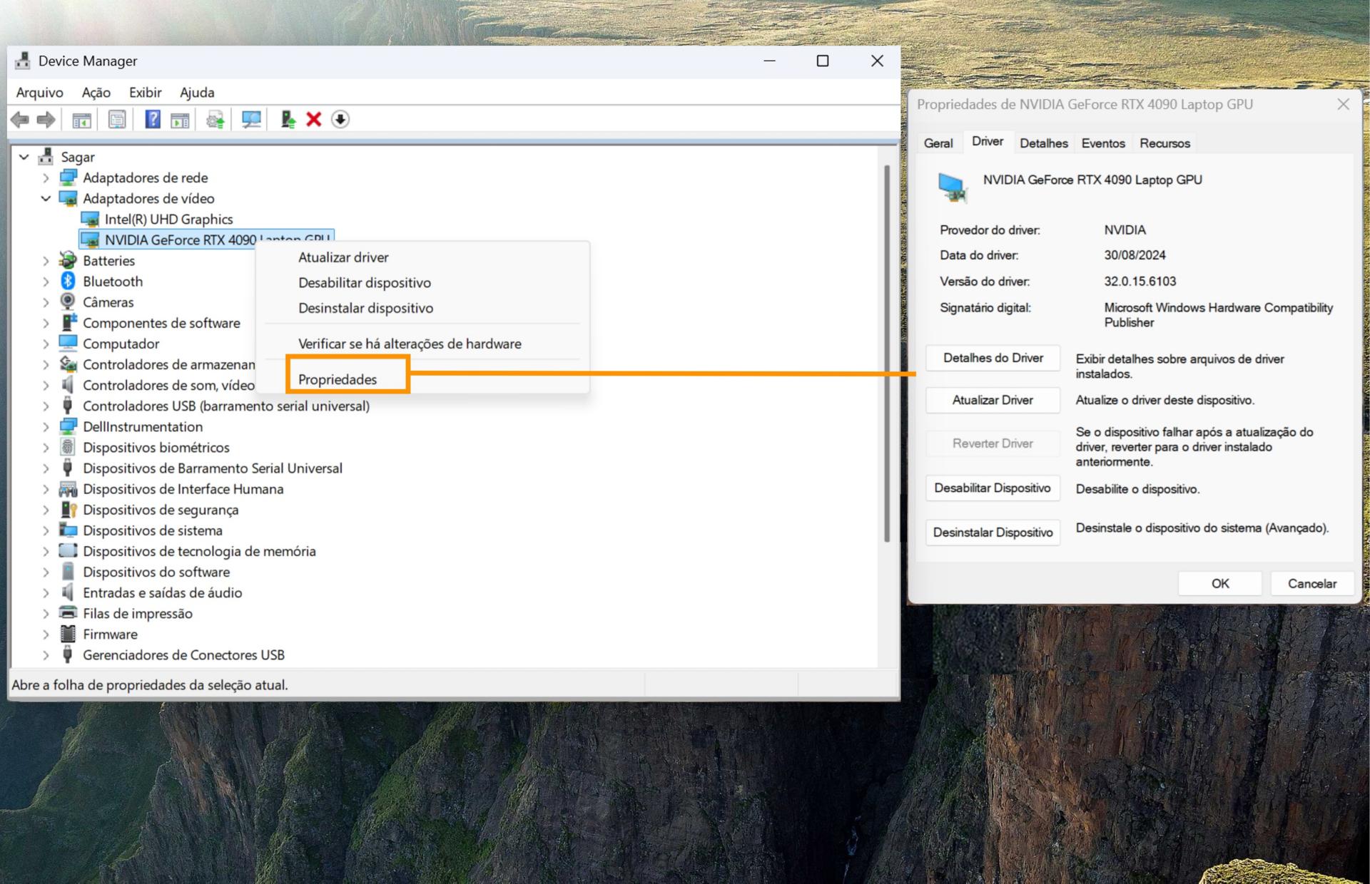 Uma captura de tela mostrando os adaptadores de vídeo e a opção de propriedades está destacada, exibindo as informações da placa de vídeo selecionada