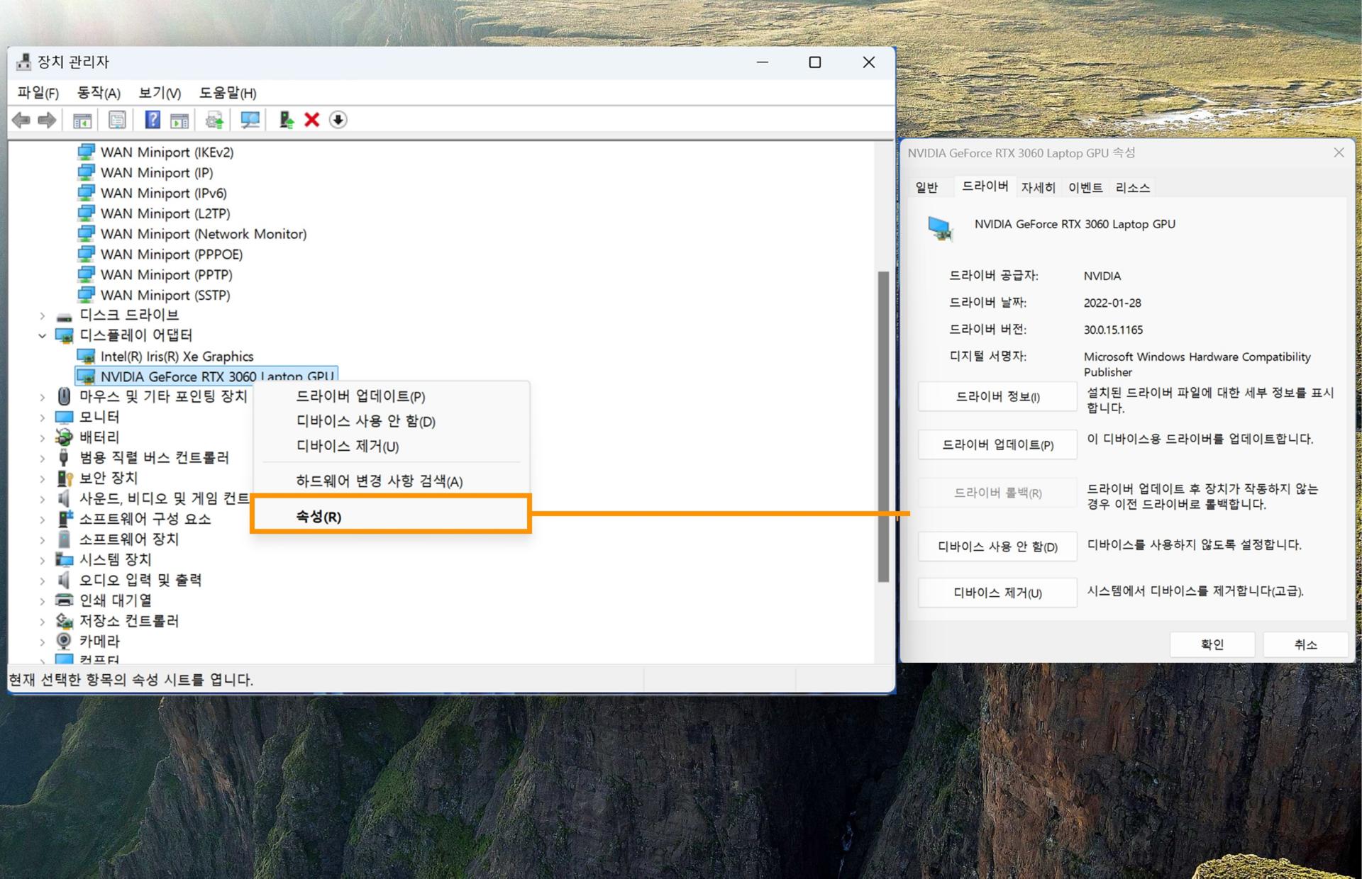 디스플레이 어댑터를 보여주는 스크린샷과 선택한 GPU 카드의 정보를 보여주는 속성 옵션이 강조 표시