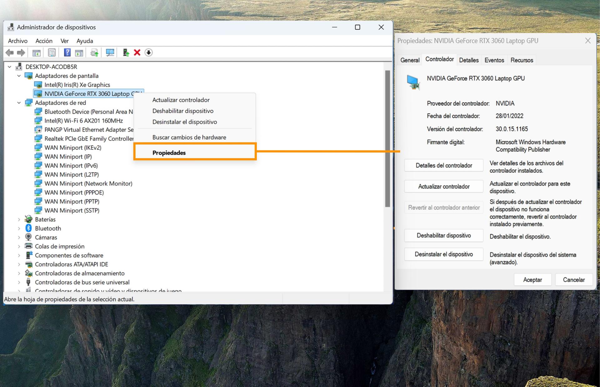 Captura de pantalla en la que aparecen los adaptadores de visualización con la opción Propiedades resaltada, que muestra la información de la tarjeta GPU seleccionada