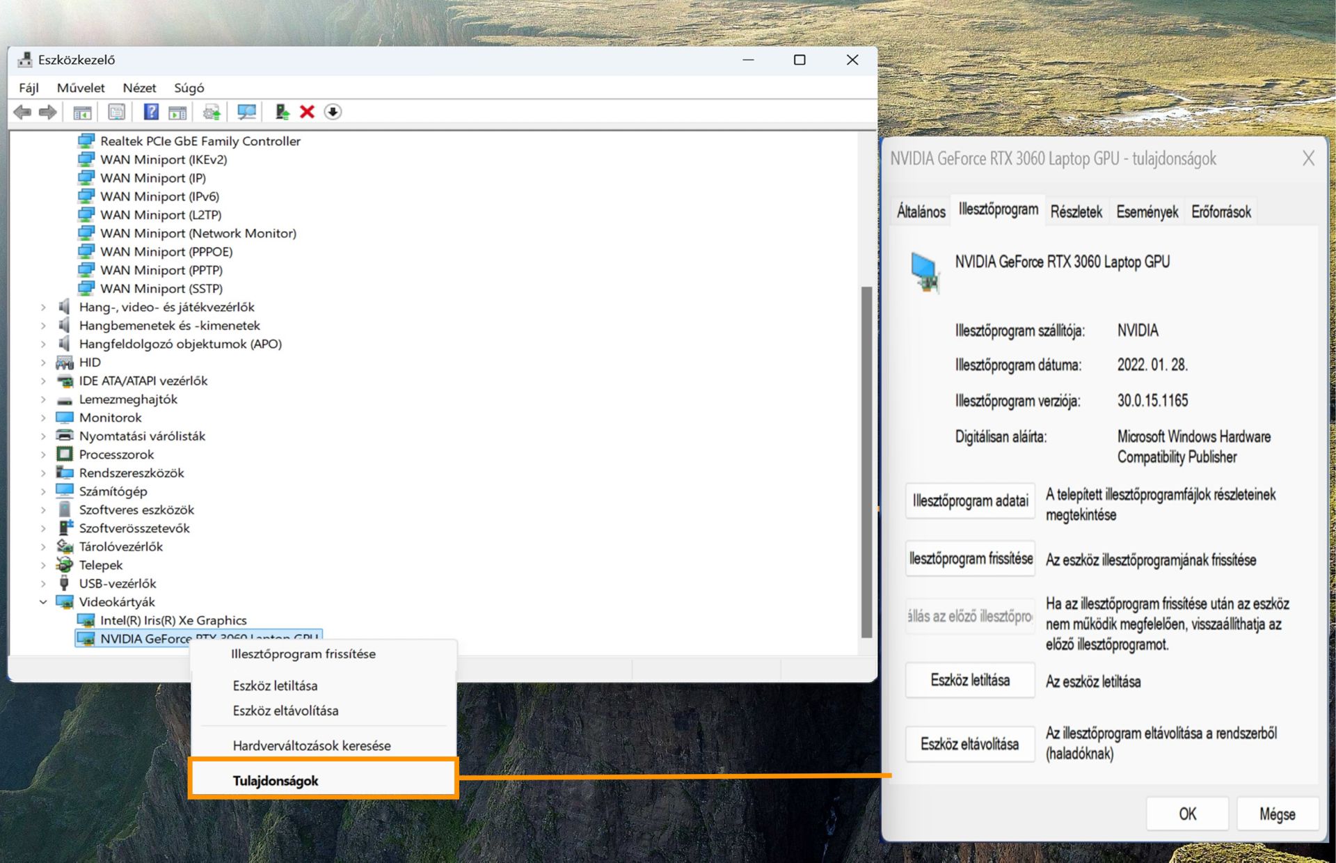 A képernyőképen a videokártyák láthatók, és a tulajdonságok opció ki van emelve, amely a kiválasztott GPU-kártya adatait mutatja.