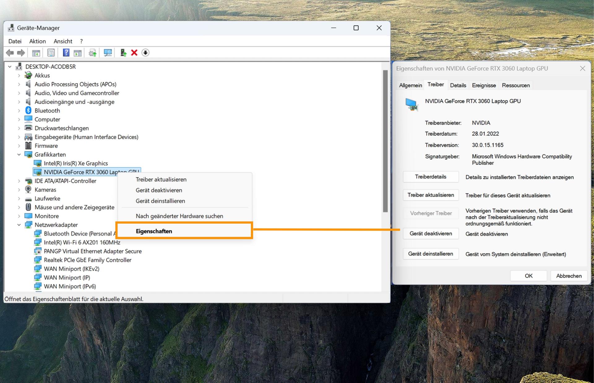 Ein Screenshot mit der Option für die Anzeigeadapter und Eigenschaften wird hervorgehoben, der die Informationen der ausgewählten GPU-Karte zeigt