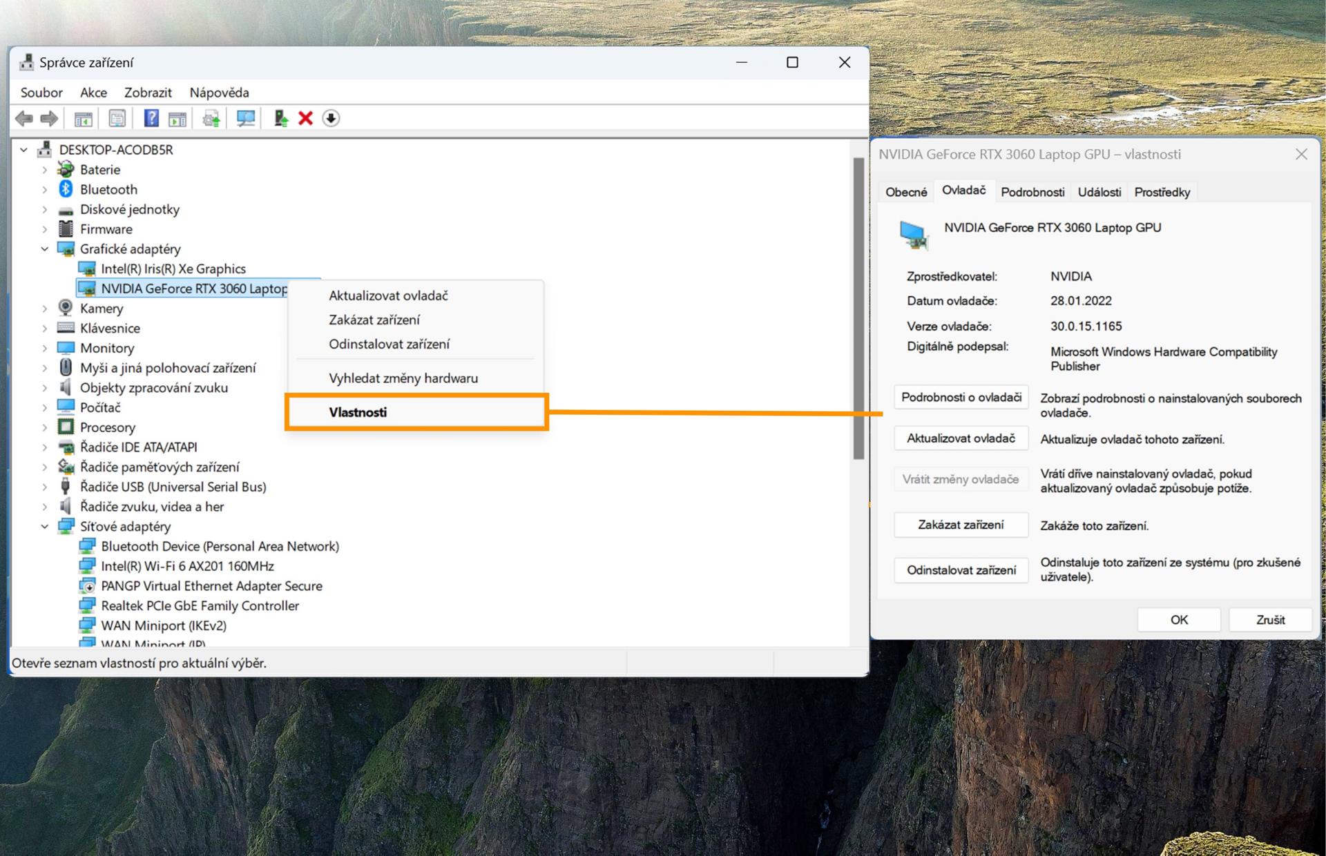 Obrázek zobrazující grafické adaptéry a zvýrazněnou možnost vlastností, která zobrazuje informace o vybrané kartě GPU