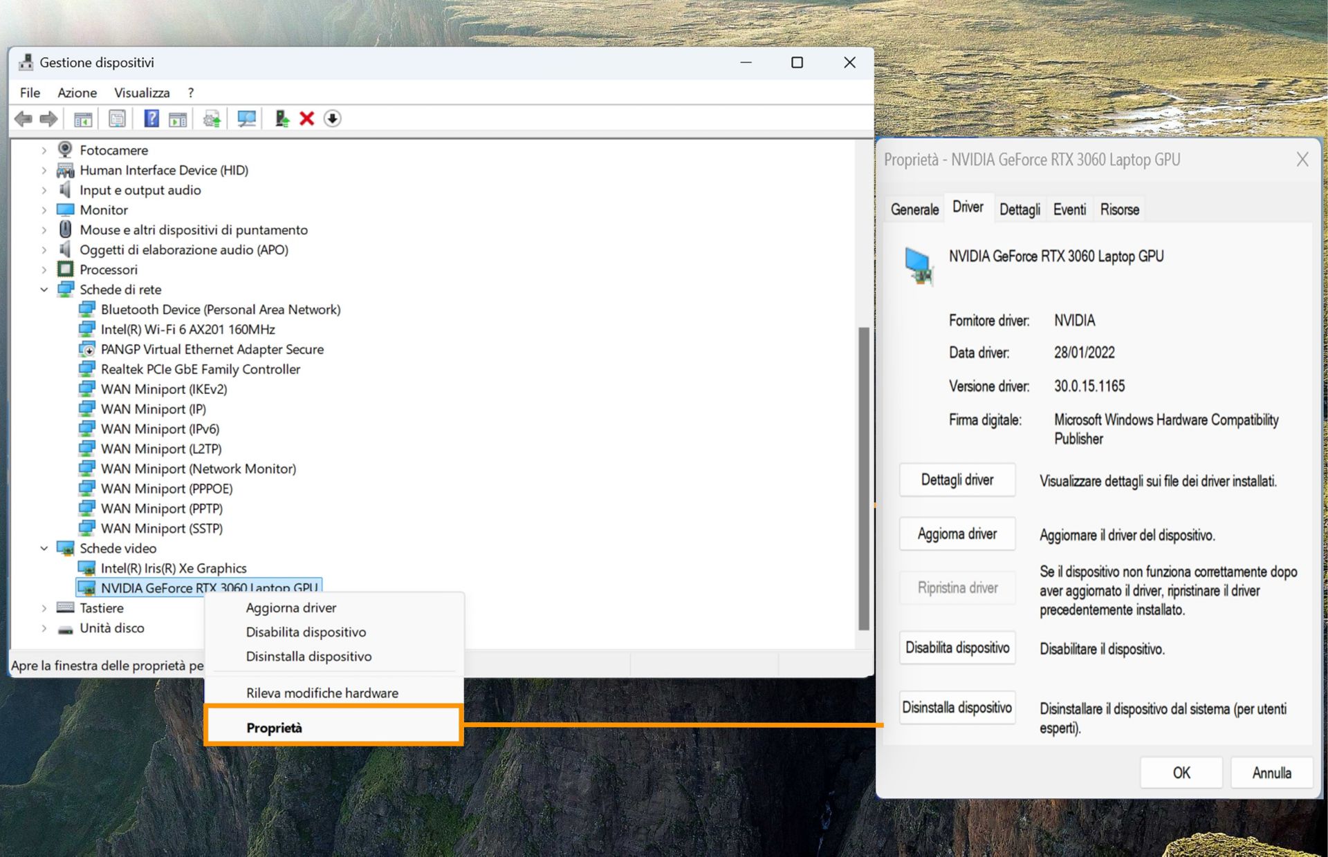 Una schermata che mostra le schede video; l’opzione delle proprietà è evidenziata e mostra le informazioni della scheda GPU selezionata.