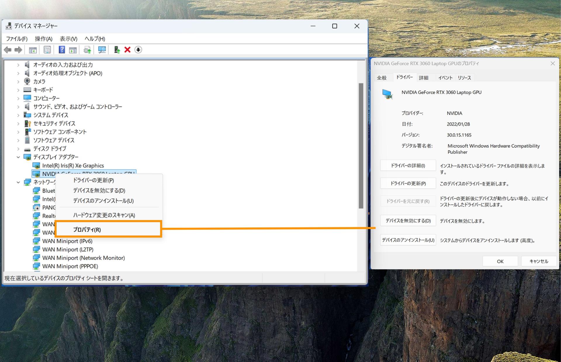 ディスプレイアダプターを示すスクリーンショットで、選択した GPU カードの情報を示すプロパティオプションがハイライト表示されています。