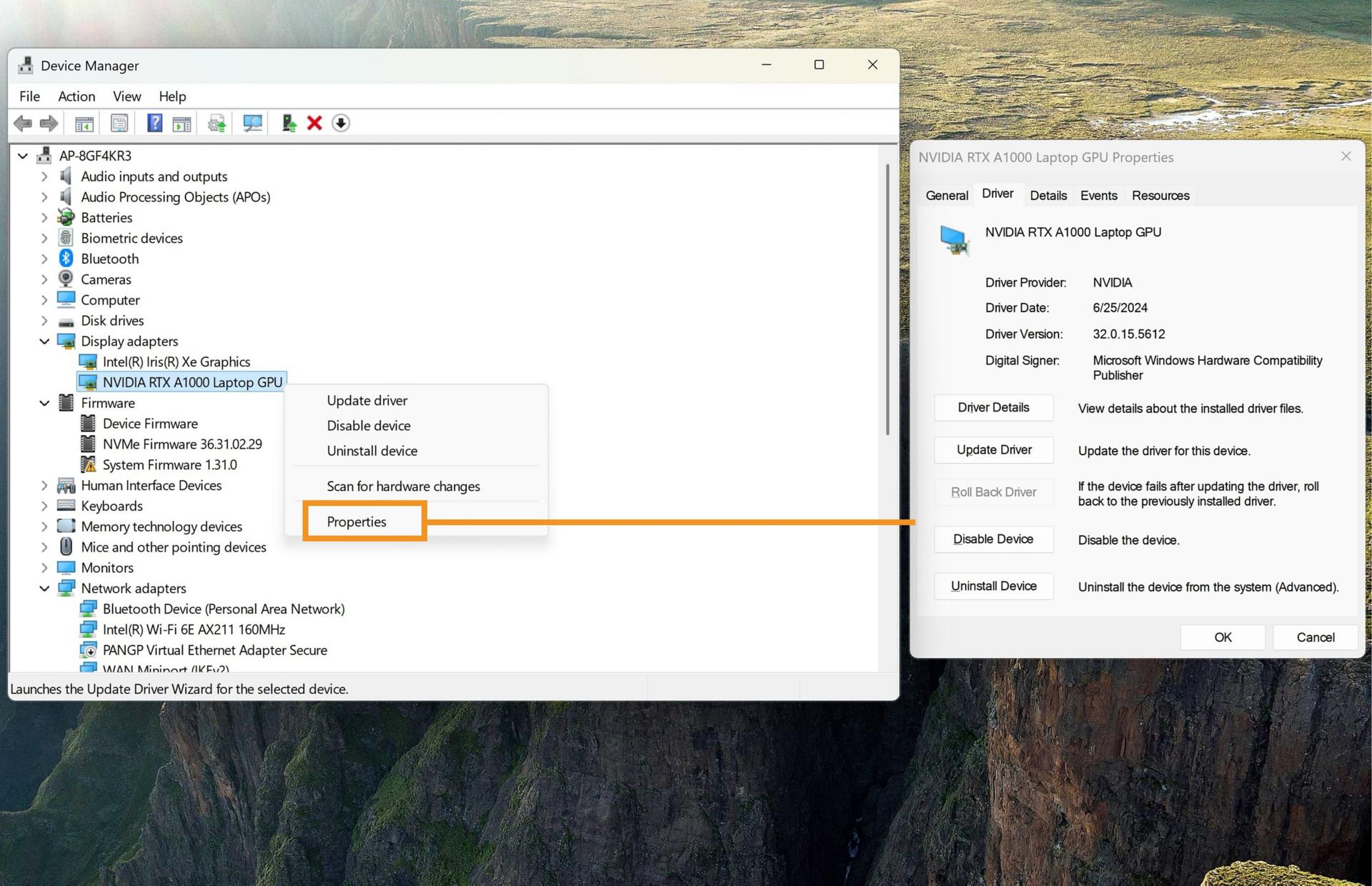 A screenshot showing the display adapters and the properties option is highlighted which shows the information of teh selected GPU card