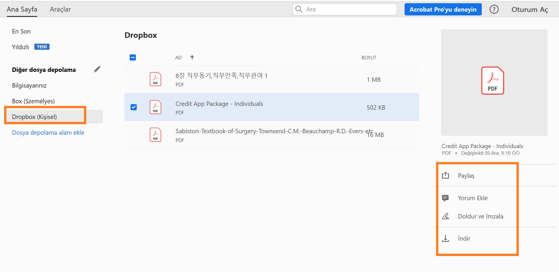Ana Sayfa Görünümünde Dropbox dosyaları