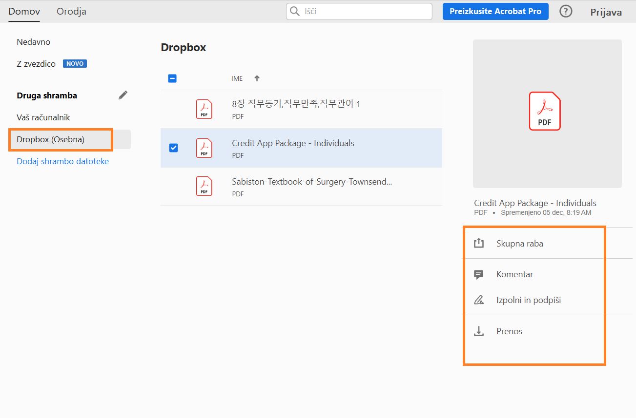 Datoteke storitve Dropbox v pogledu Domov