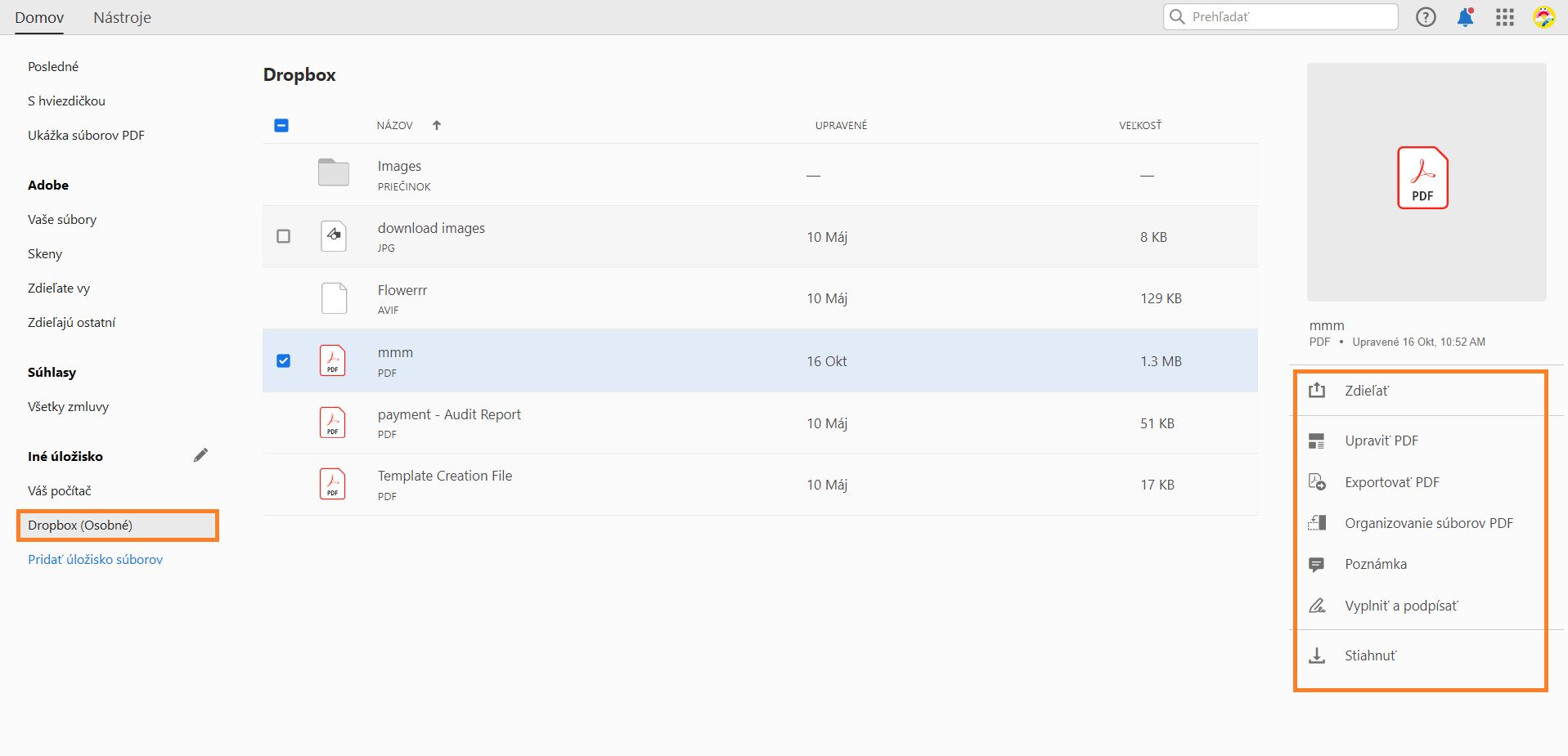 Vaše súbory Dropbox v zobrazení Domov
