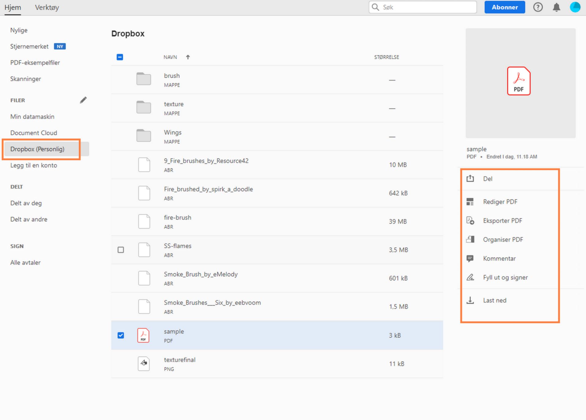 Dropbox-filene dine i visningen Hjem