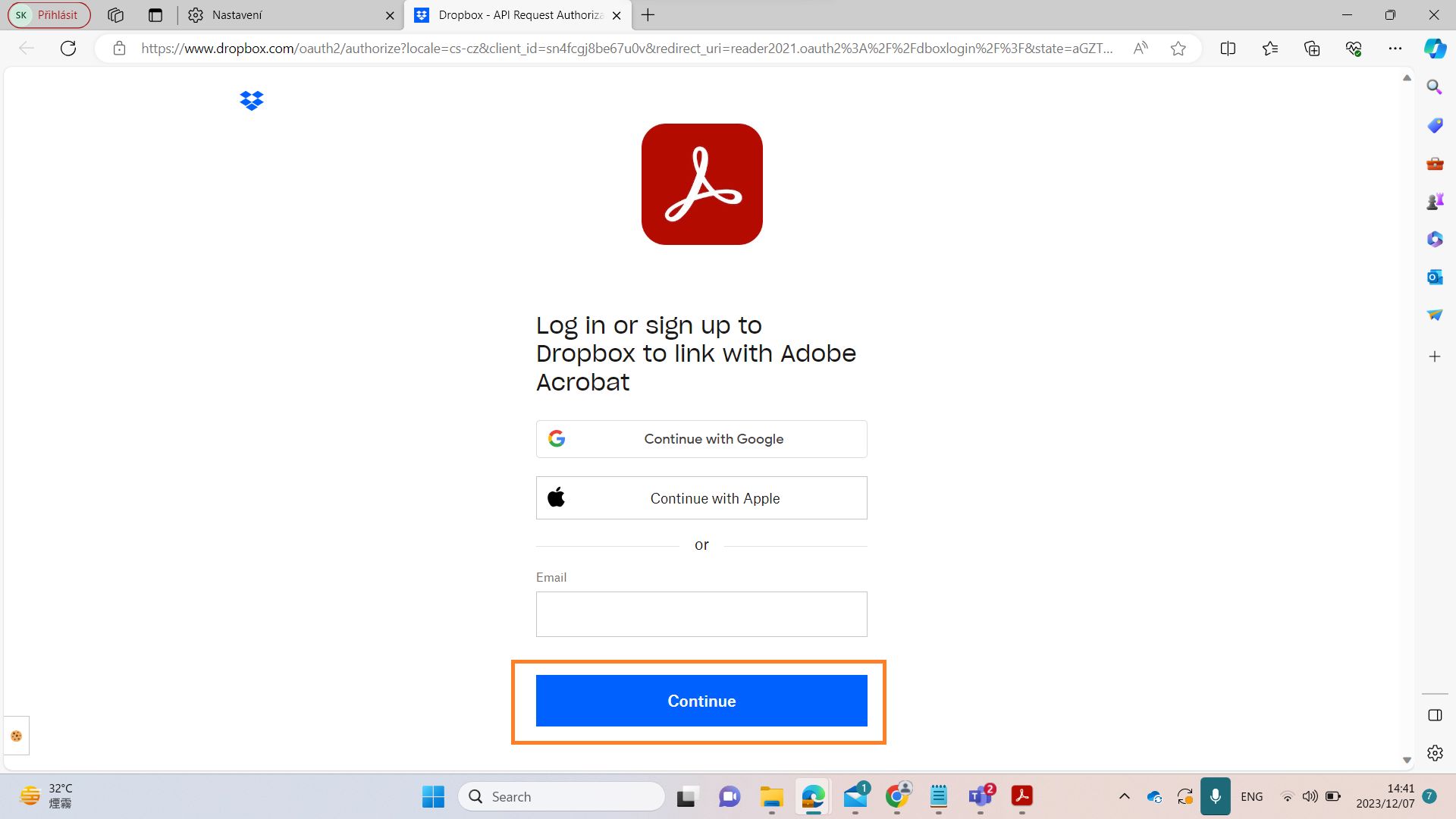 Přihlášení do služby Dropbox