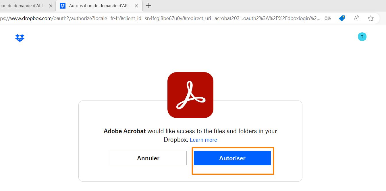 Confirmation d’ajout d’un compte Dropbox avec Acrobat ou Reader