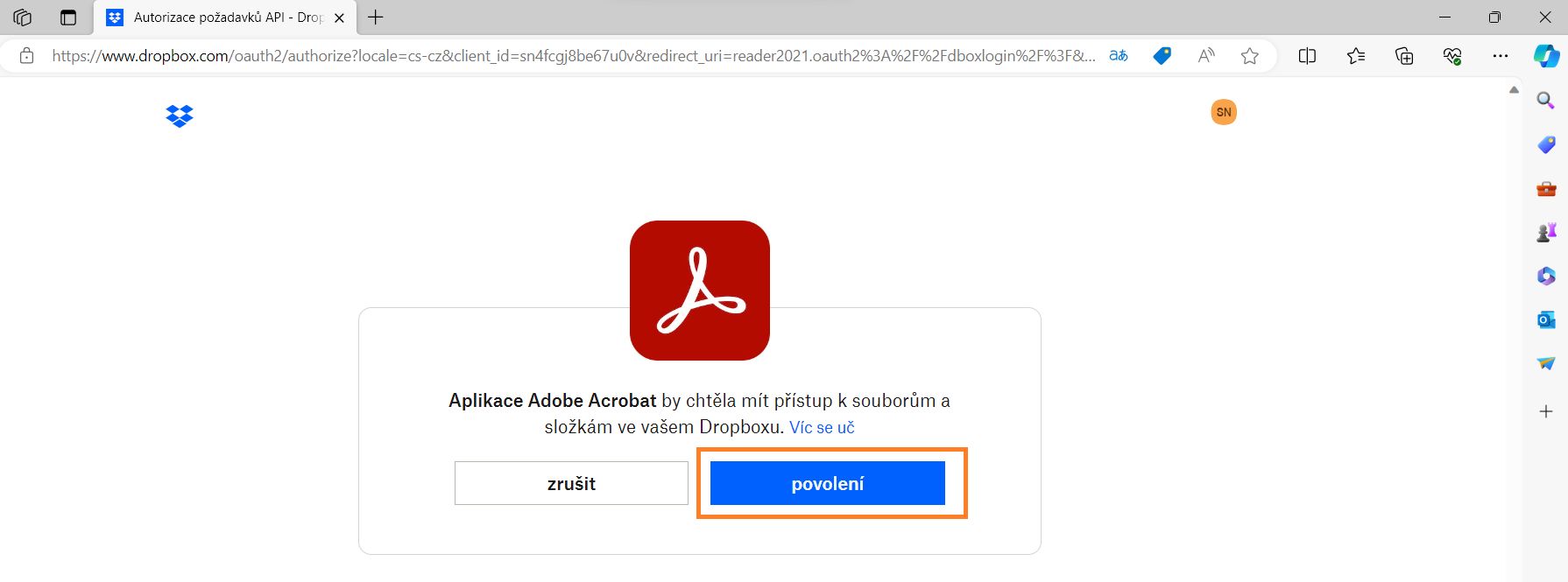 Potvrzení přidání účtu Dropbox k aplikaci Acrobat či Reader