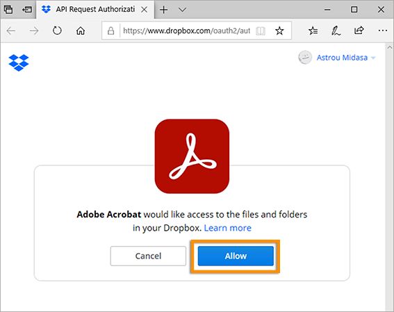 Potrditev ob dodajanju računa za Dropbox v programih Acrobat ali Reader
