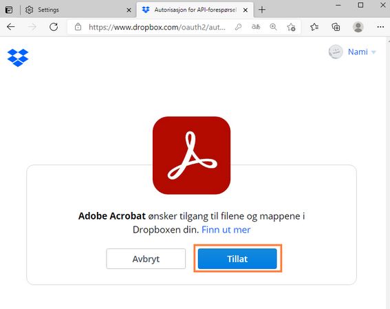 Bekreftelse for å legge til Dropbox-kontoen i Acrobat eller Reader