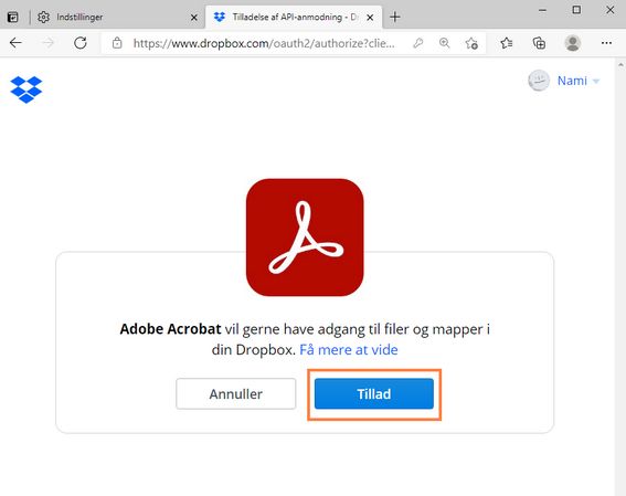 Bekræftelse for at føje din Dropbox-konto til Acrobat eller Reader