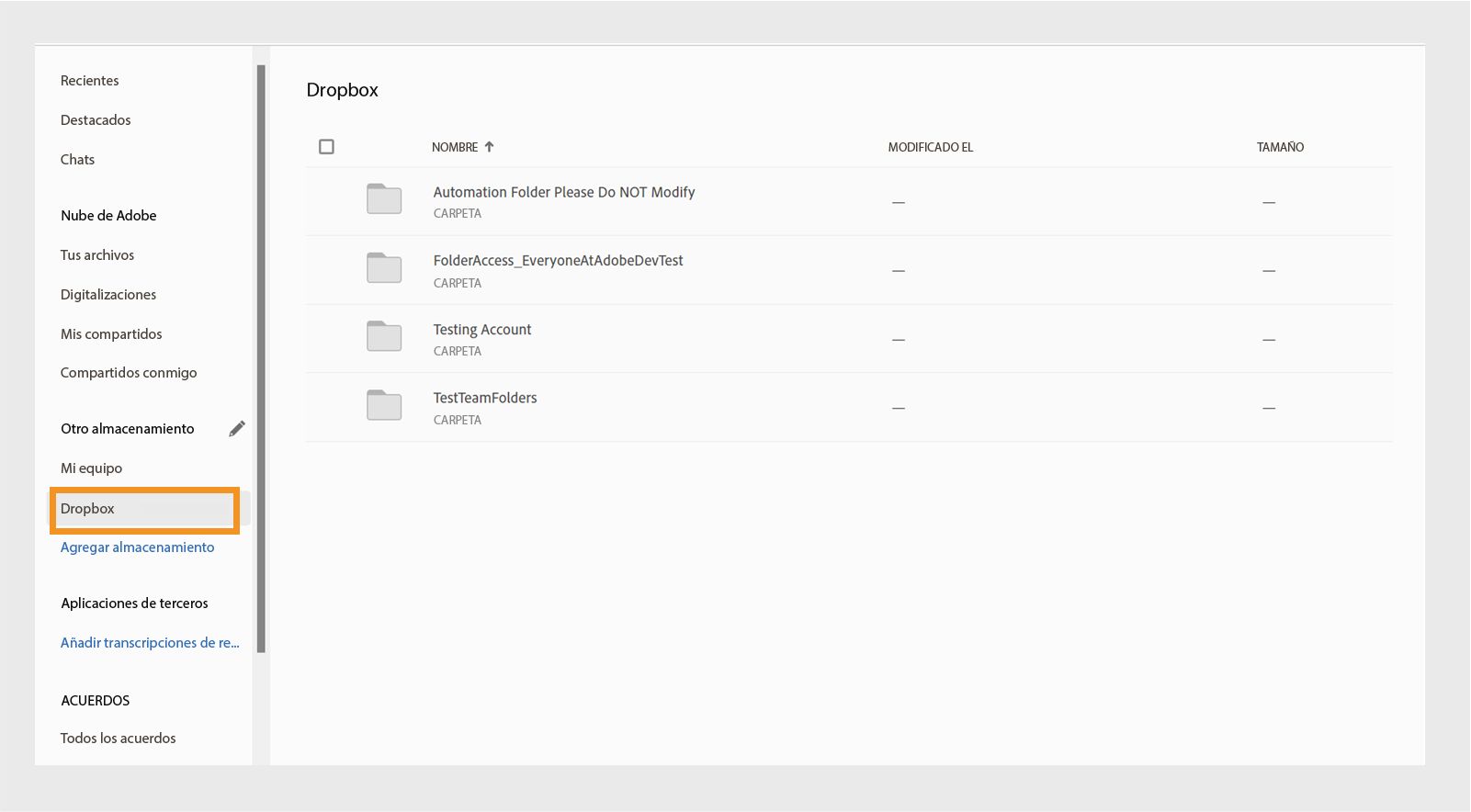 Accede a la carpeta raíz y a la carpeta compartida de Dropbox desde la vista Inicio de Acrobat.