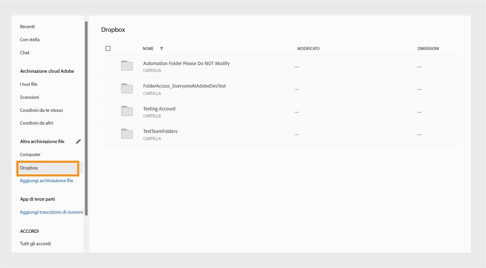 Accedere alle cartelle principali e condivise Dropbox dalla Home di Acrobat.
