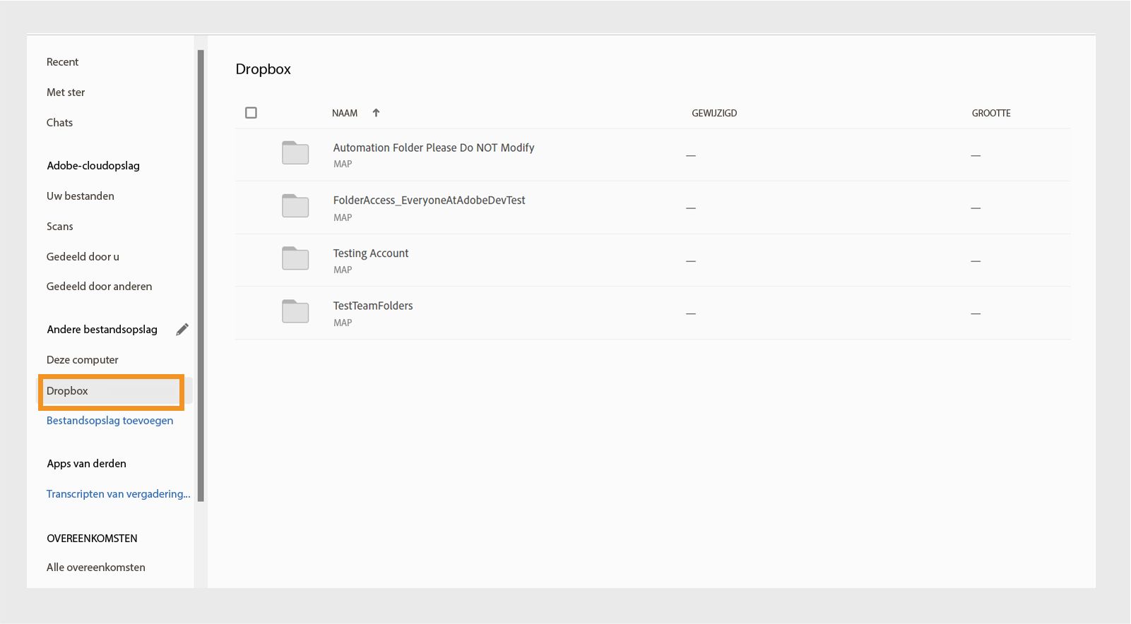 Toegang tot Dropbox-hoofdmap en gedeelde mappen vanuit Acrobat Home.