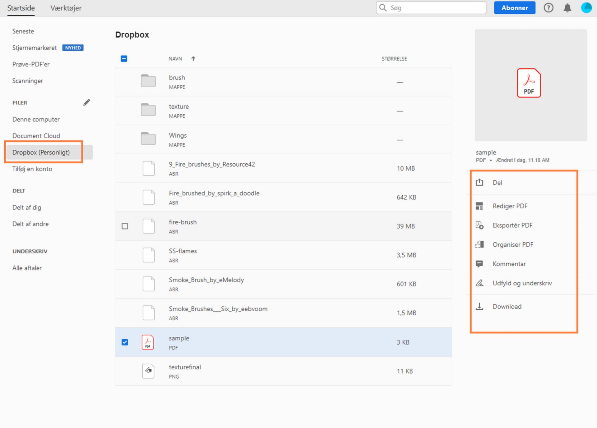 Dine Dropbox-filer i Hjem-visningen