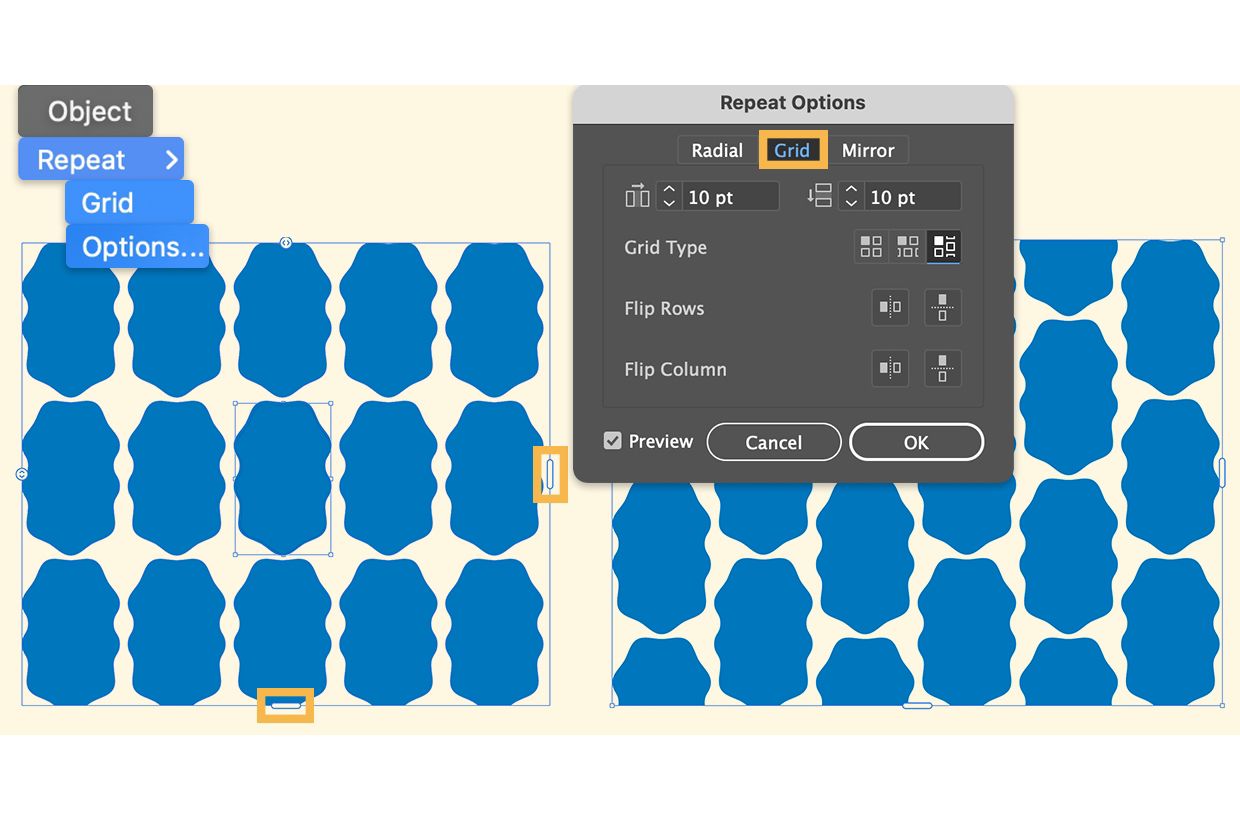 סדרה של צורות גליות כחולות מופיעה בשורות ובעמודות בצד שמאל. הצורות מדורגות בתבנית בצד ימין.