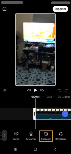 Bouton Dupliquer mis en évidence dans la barre d'outils avec un seul clip sélectionné dans le montage.