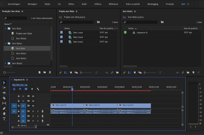 Clips no projeto Cena 01 existem na sequência no projeto Cortes sem duplicatas